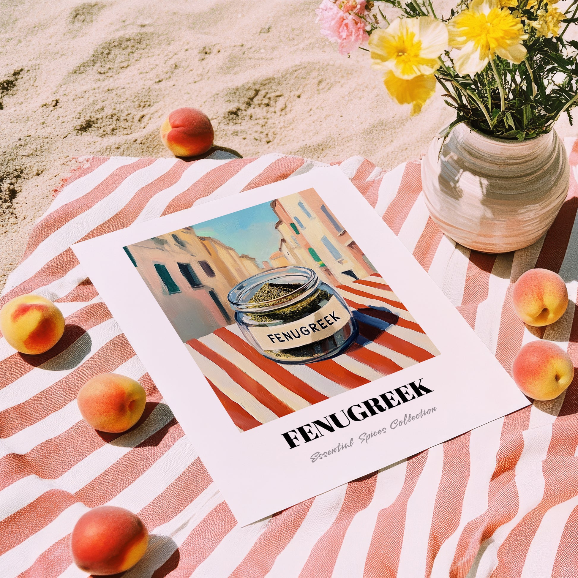Fenugreek – Italian Urban Café Scene, Spices Illustration, unframed on coastal sand