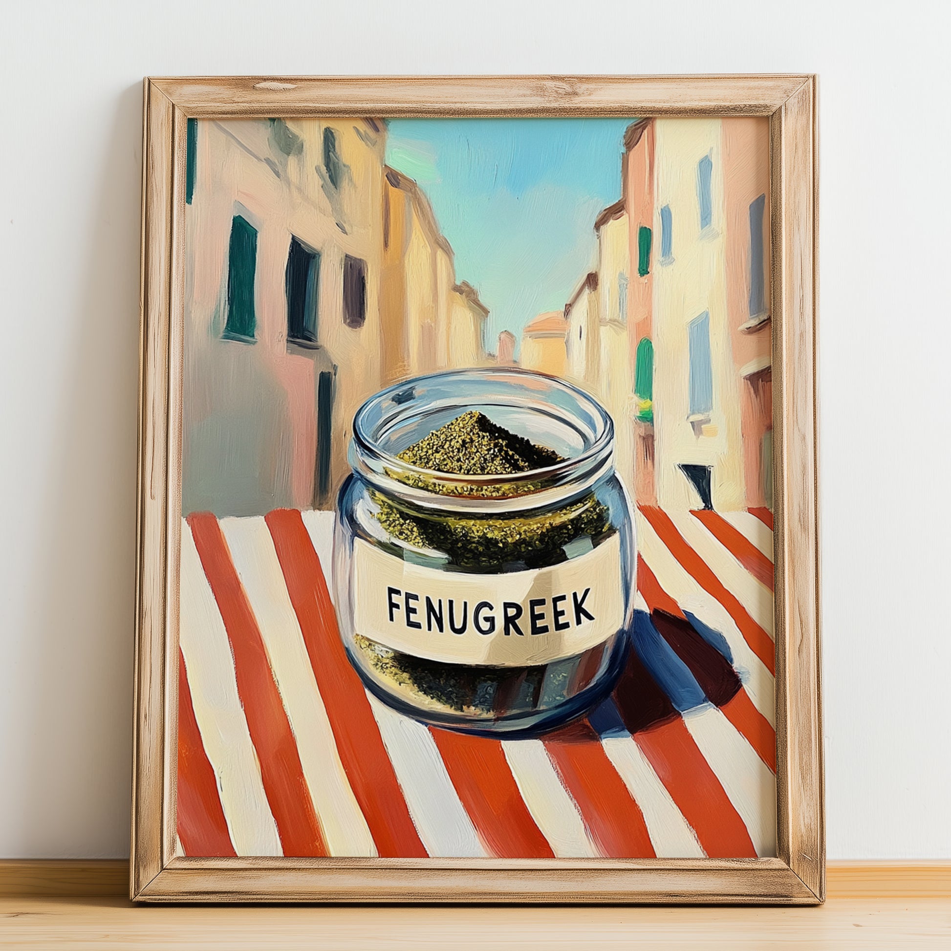 Fenugreek – Italian Urban Café Scene, Spices Illustration, no-text version framed in wood