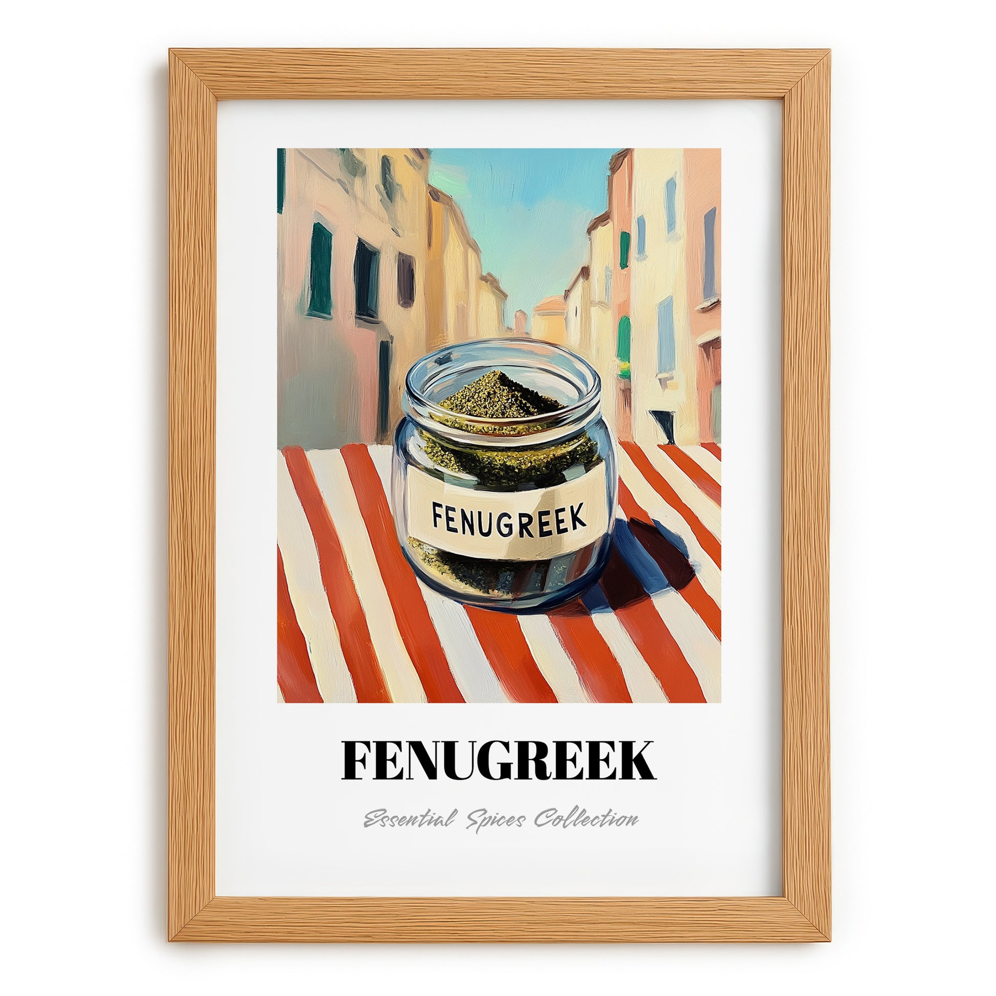 Fenugreek – Italian Urban Café Scene, Spices Illustration, set in oak frame