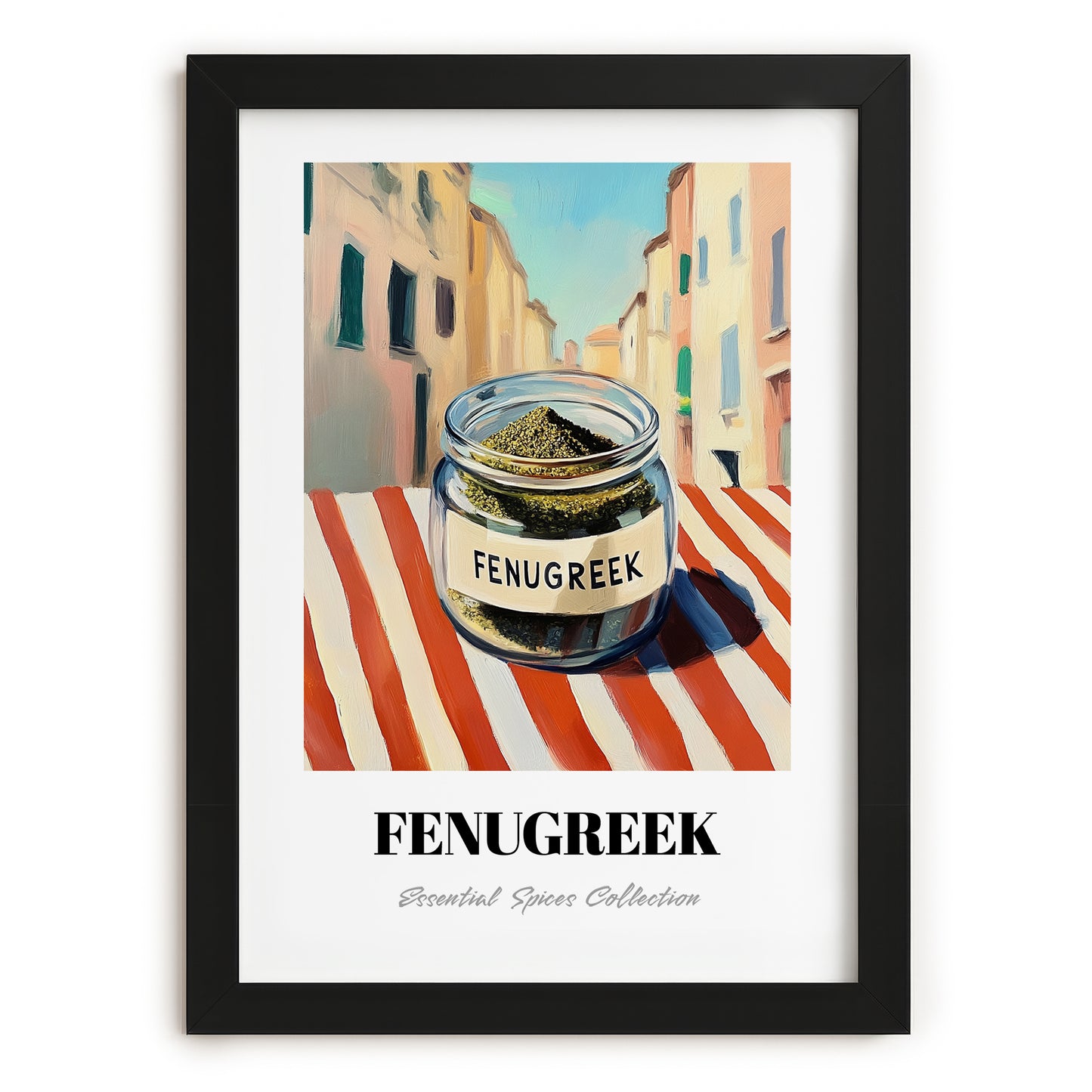 Fenugreek – Italian Urban Café Scene, Spices Illustration, in sleek black frame