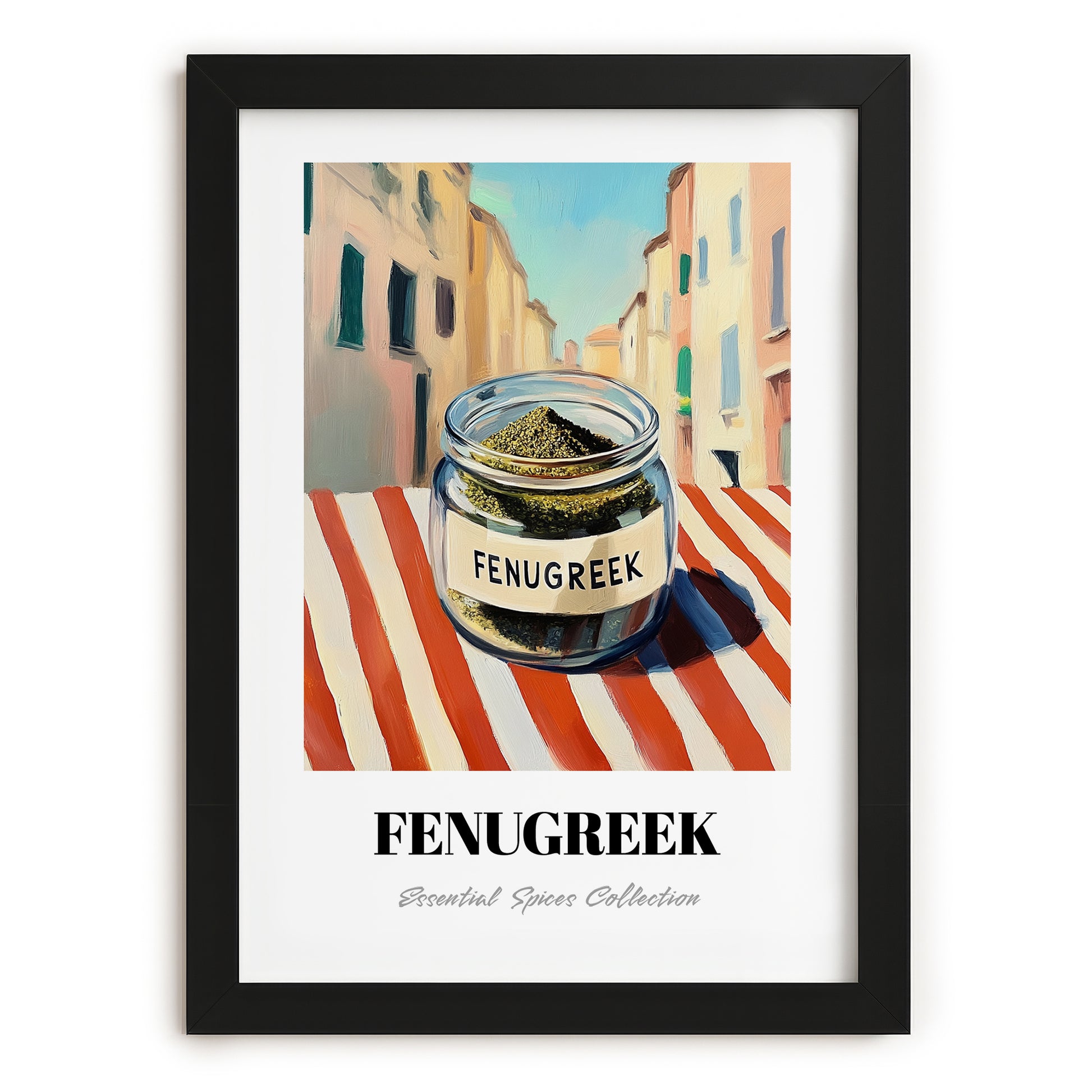 Fenugreek – Italian Urban Café Scene, Spices Illustration, in sleek black frame