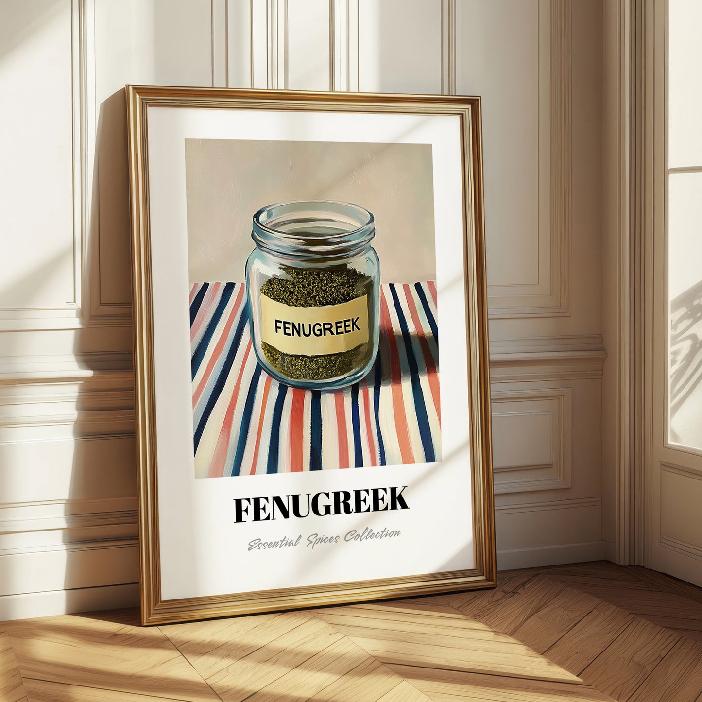 Fenugreek – on Striped Tablecloth, Spices Print