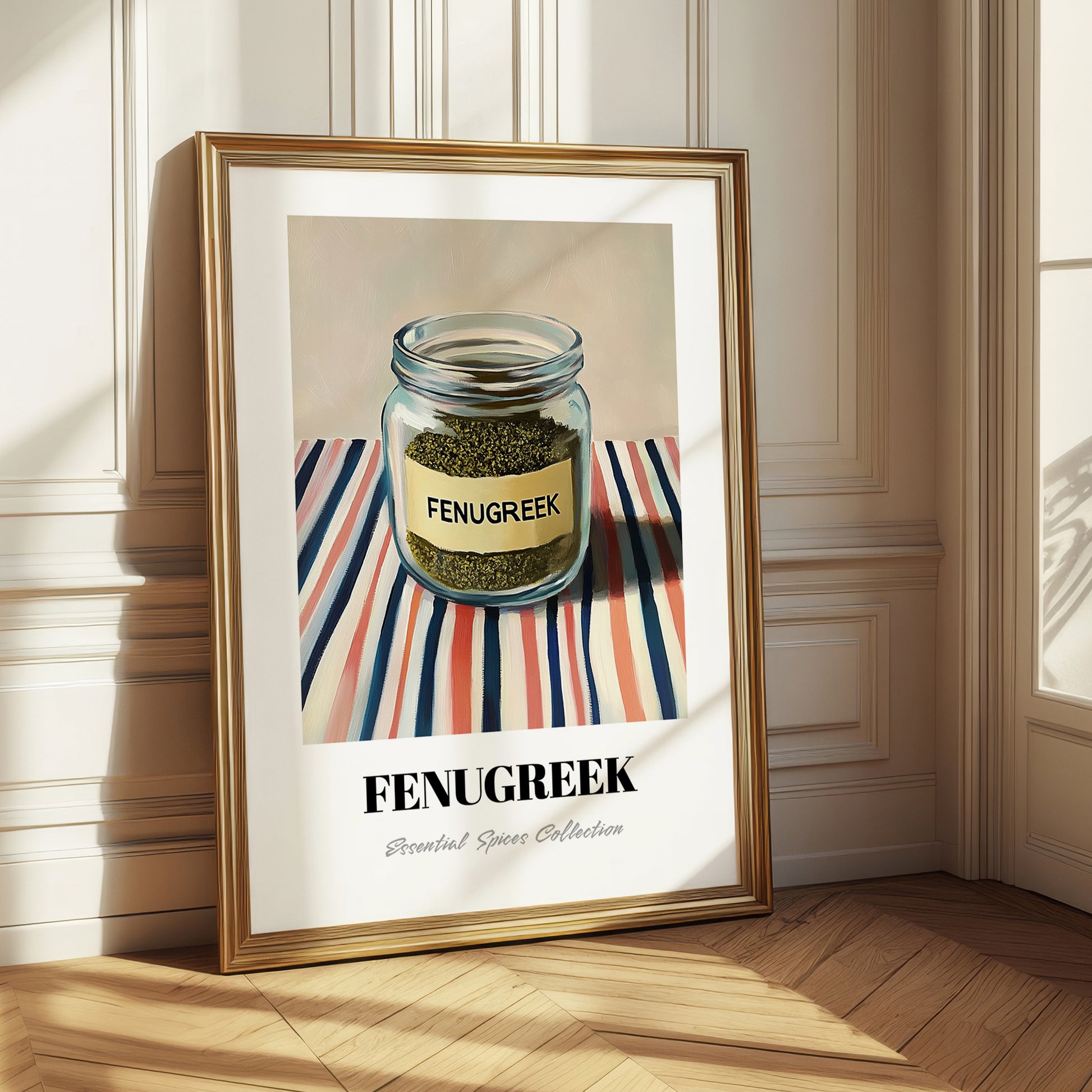 Fenugreek – on Striped Tablecloth, Spices Print