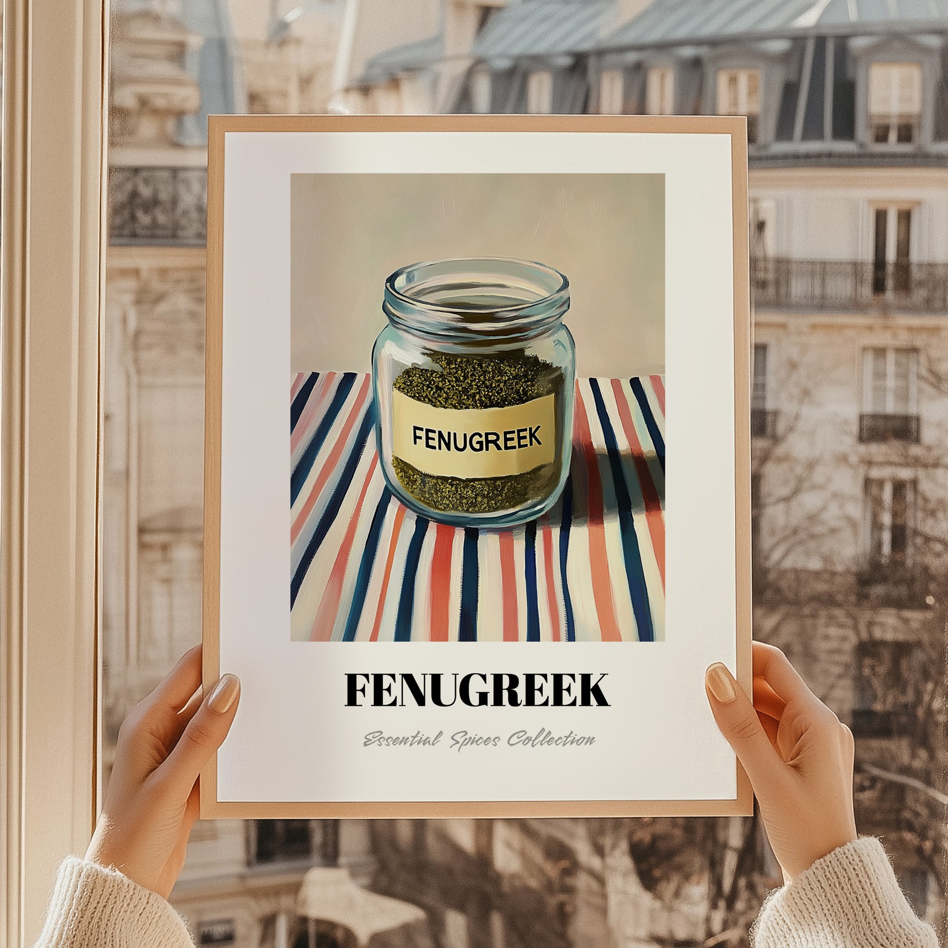 Fenugreek – on Striped Tablecloth, Spices Print, styled in a charming Paris street view