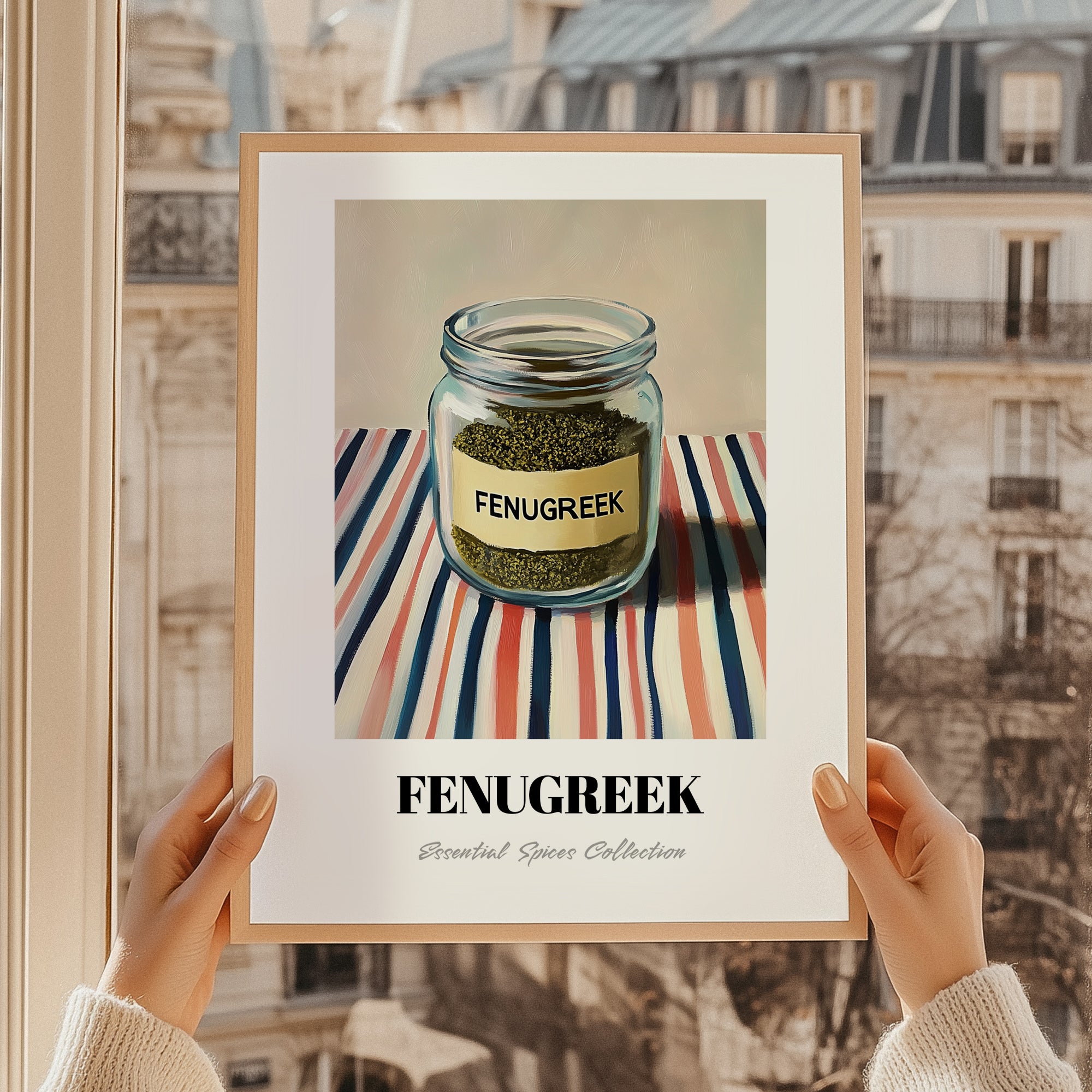 Fenugreek – on Striped Tablecloth, Spices Print, styled in a charming Paris street view