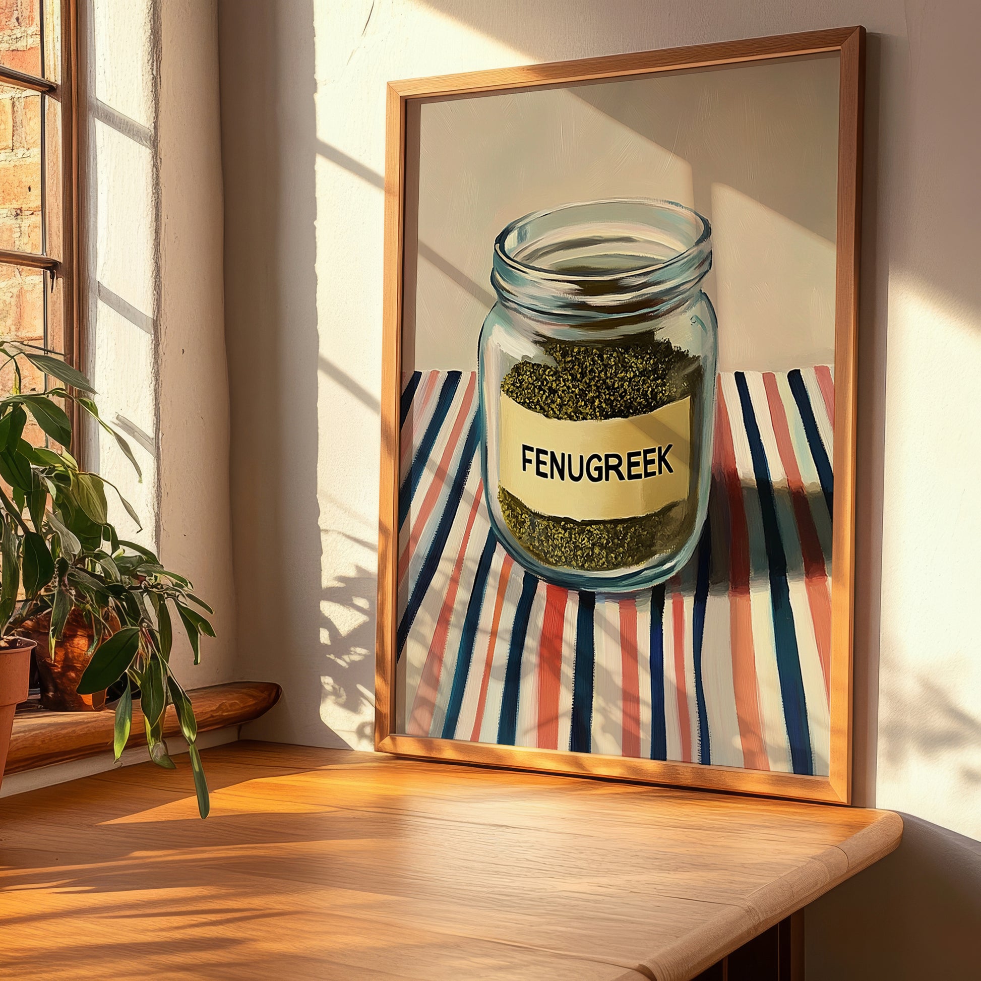 Fenugreek – on Striped Tablecloth, Spices Print, clean layout with no caption
