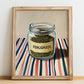 Fenugreek – on Striped Tablecloth, Spices Print, no-text version framed in wood
