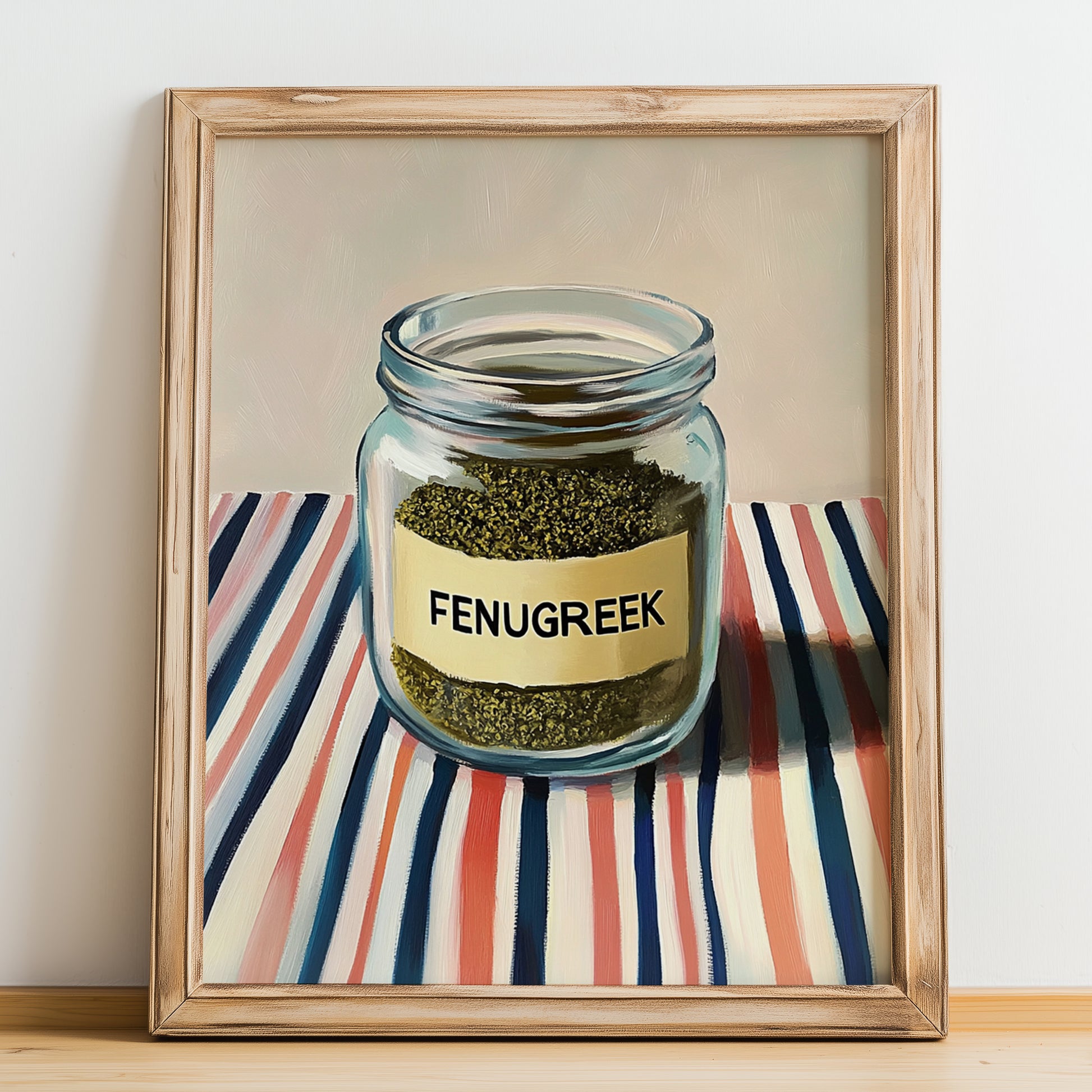 Fenugreek – on Striped Tablecloth, Spices Print, no-text version framed in wood