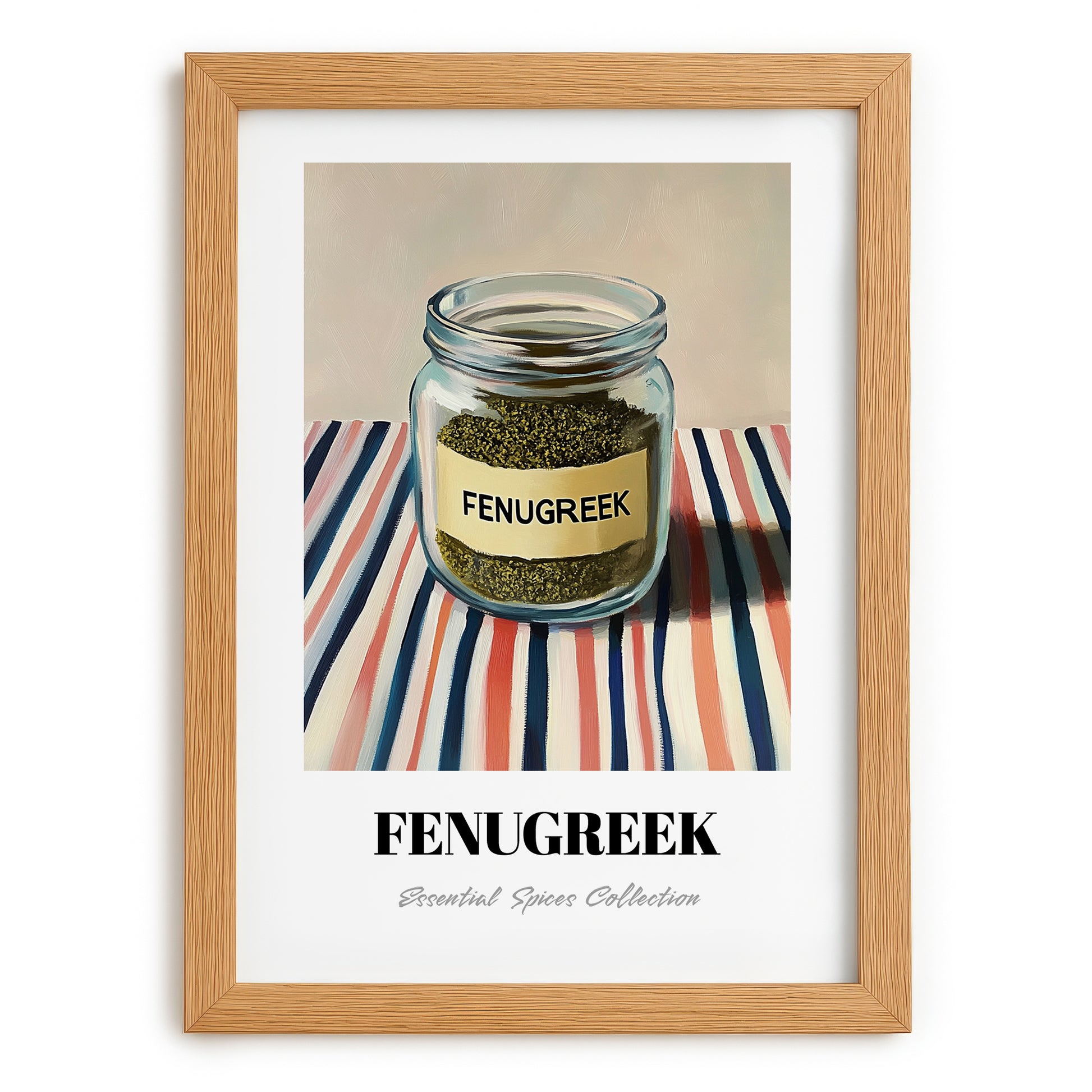 Fenugreek – on Striped Tablecloth, Spices Print, set in oak frame