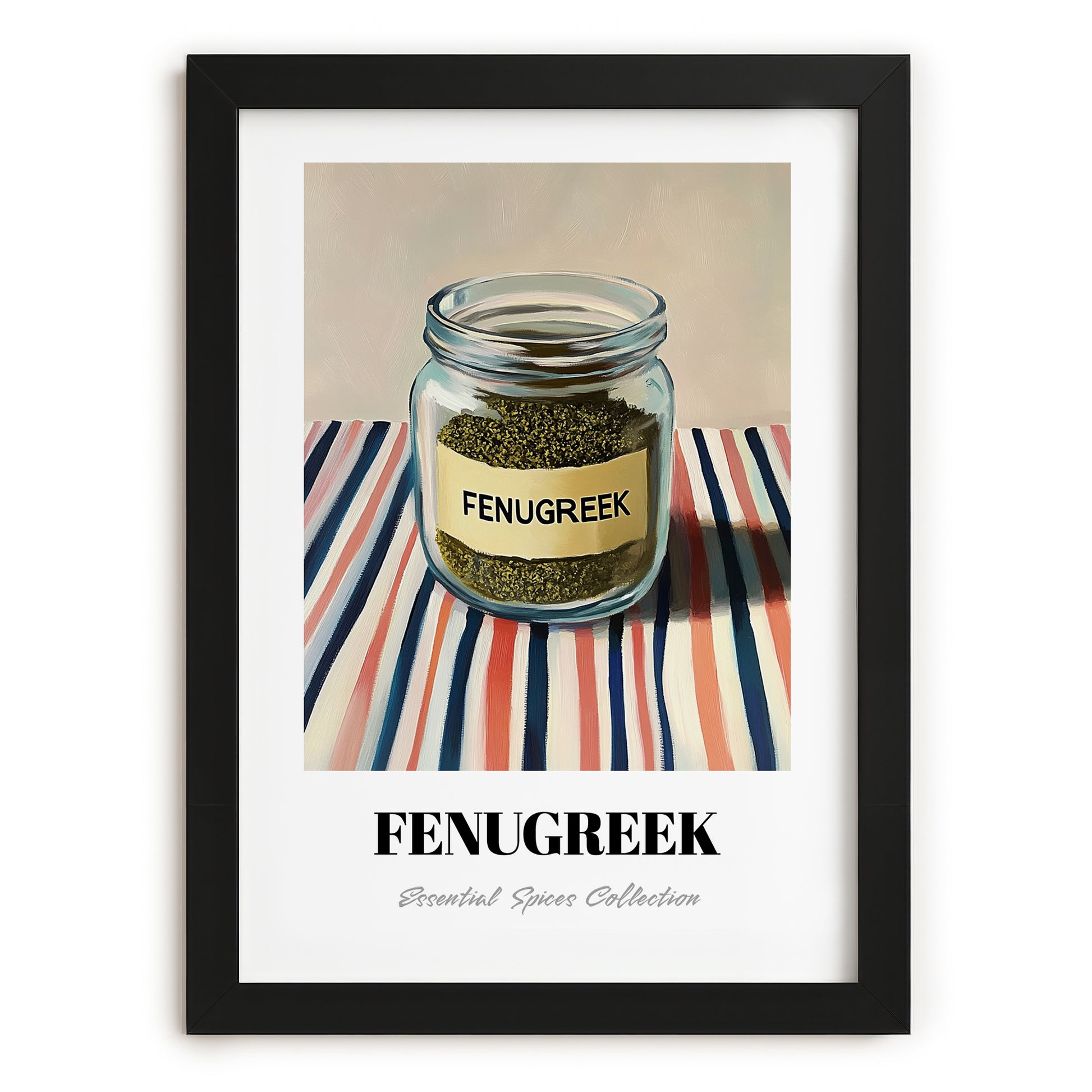 Fenugreek – on Striped Tablecloth, Spices Print, in sleek black frame
