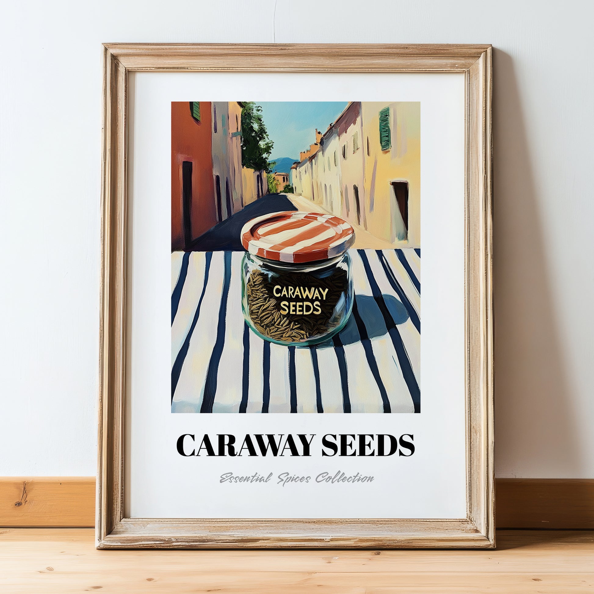 Caraway Seeds – Italian Outdoor Café Scene, Spices Wall Decor, in wooden frame leaning on the floor