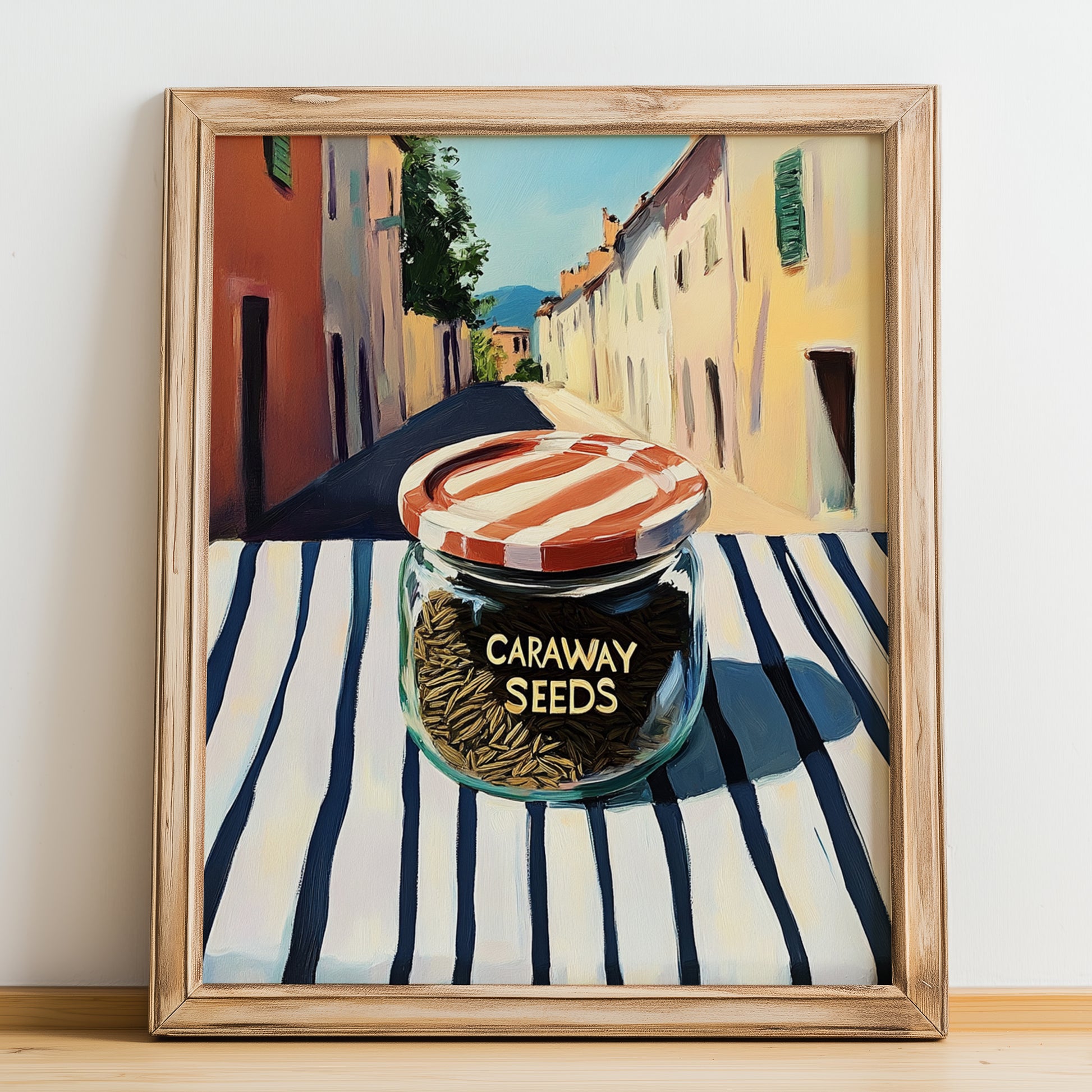 Caraway Seeds – Italian Outdoor Café Scene, Spices Wall Decor, no-text version framed in wood