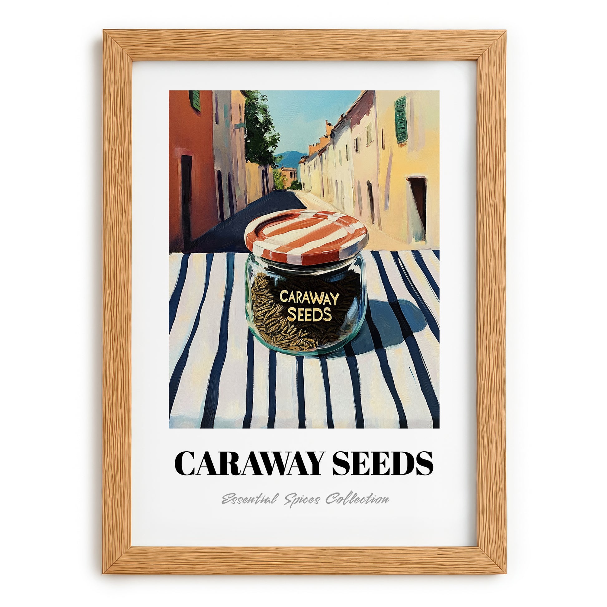 Caraway Seeds – Italian Outdoor Café Scene, Spices Wall Decor, set in oak frame
