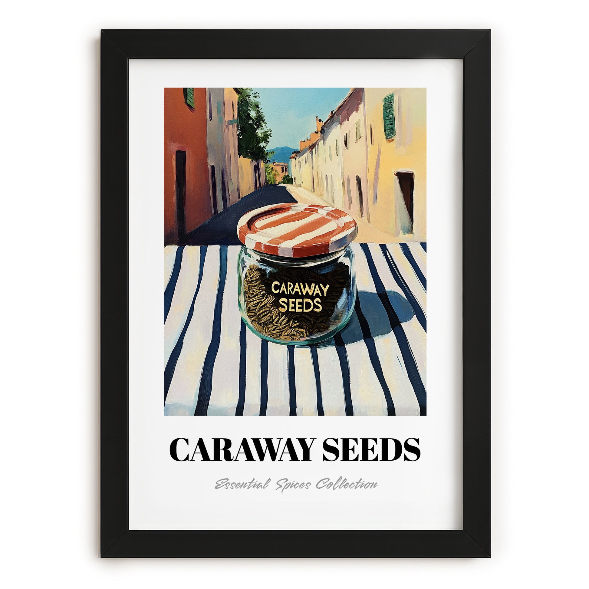 Caraway Seeds – Italian Outdoor Café Scene, Spices Wall Decor, in sleek black frame