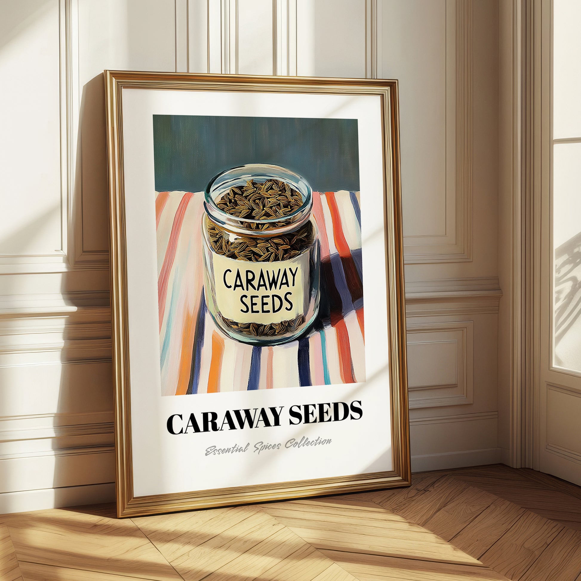 Caraway Seeds – on Striped Tablecloth, Spices Wall Poster