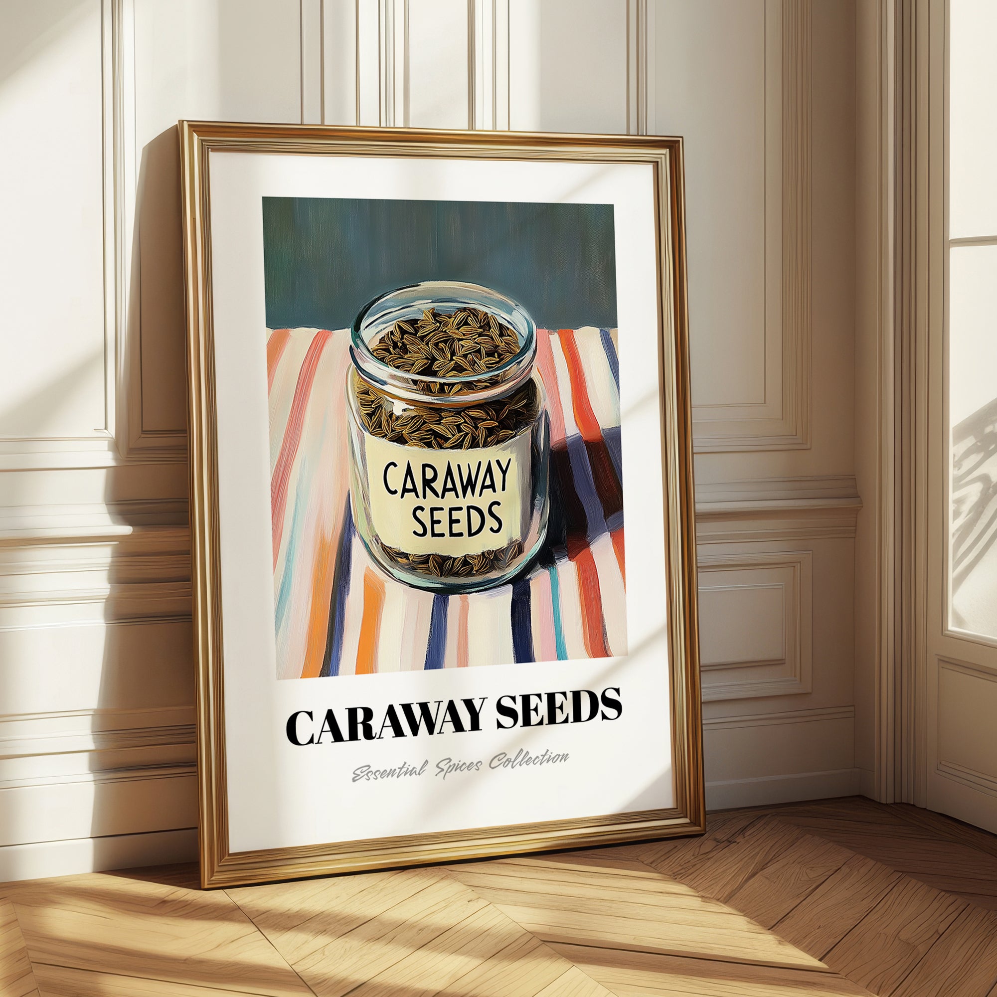 Caraway Seeds – on Striped Tablecloth, Spices Wall Poster
