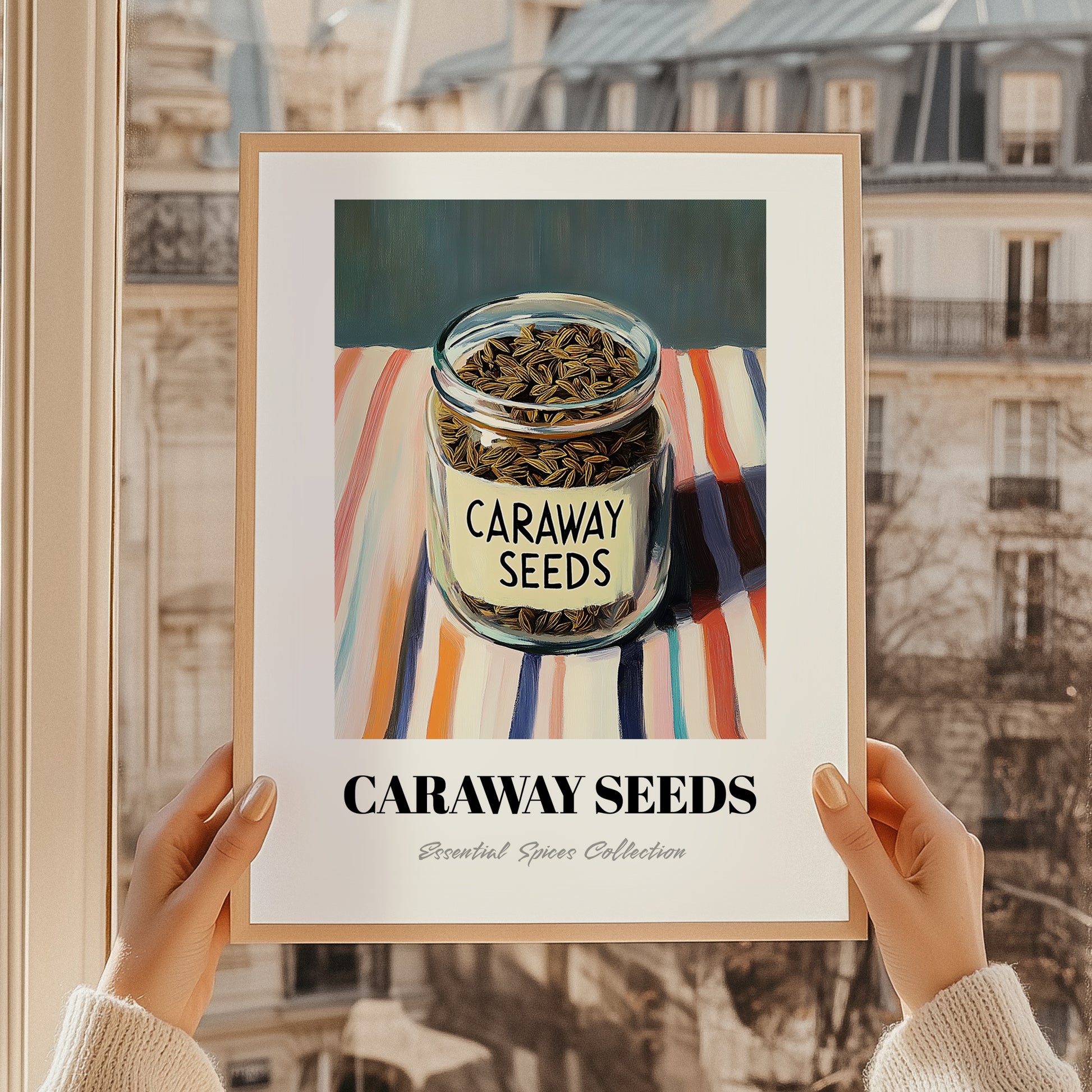 Caraway Seeds – on Striped Tablecloth, Spices Wall Poster, styled in a charming Paris street view