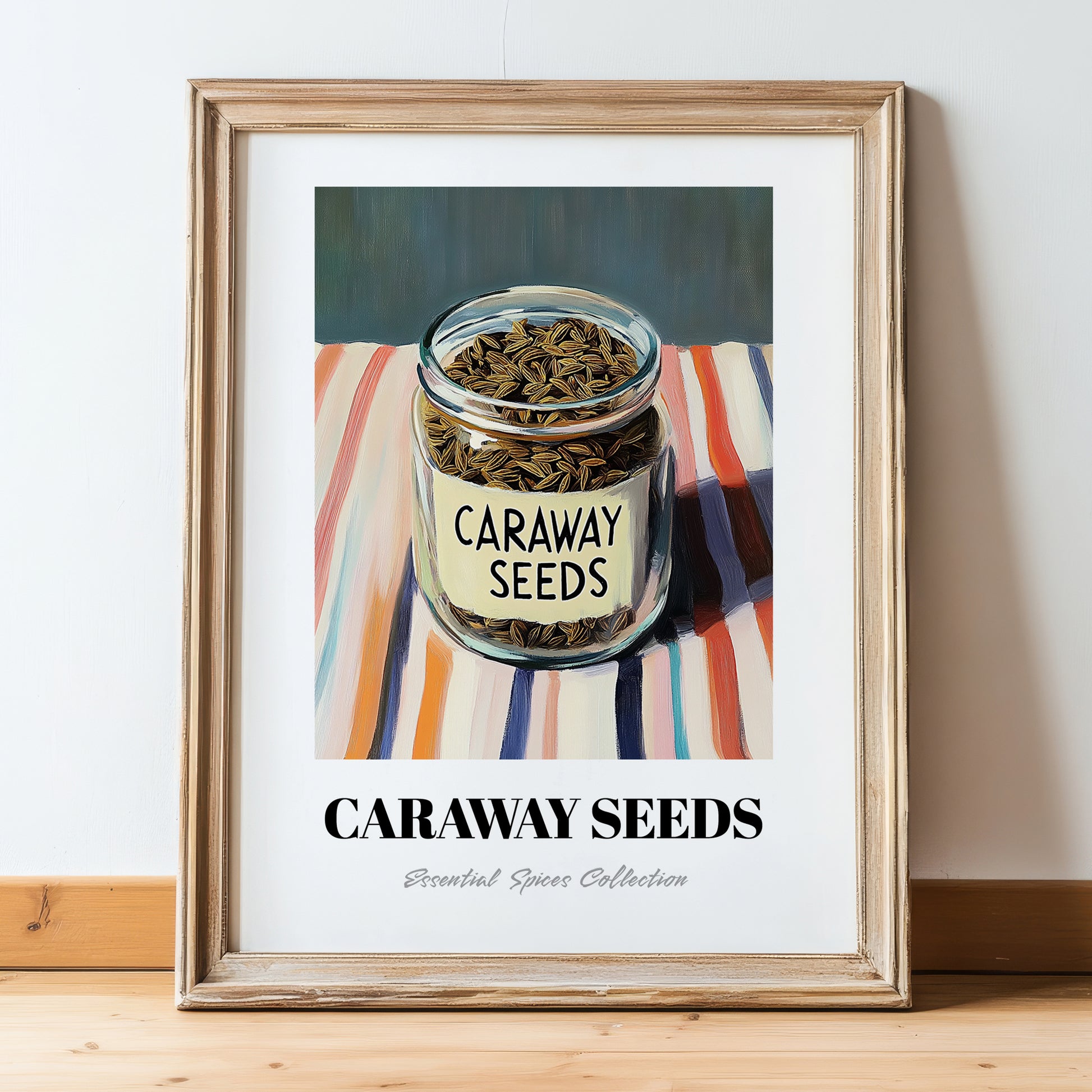 Caraway Seeds – on Striped Tablecloth, Spices Wall Poster, in wooden frame leaning on the floor
