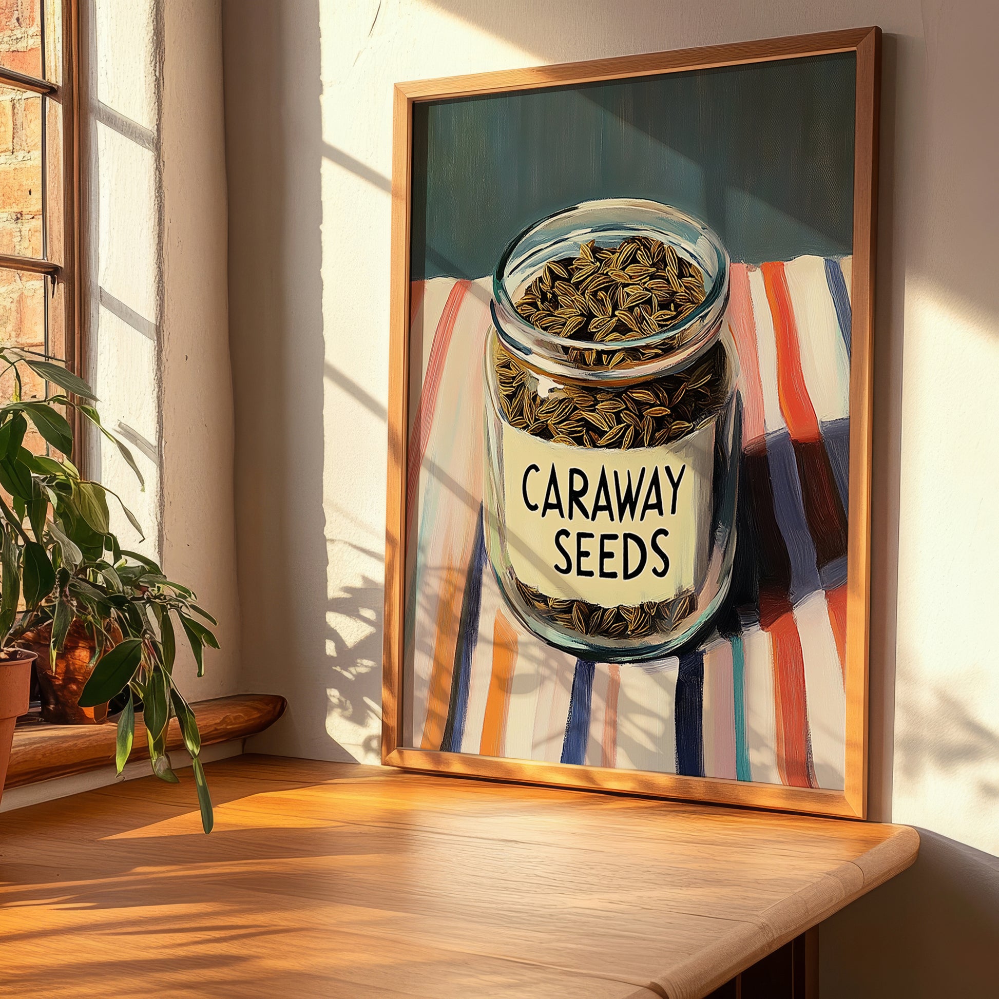 Caraway Seeds – on Striped Tablecloth, Spices Wall Poster, clean layout with no caption