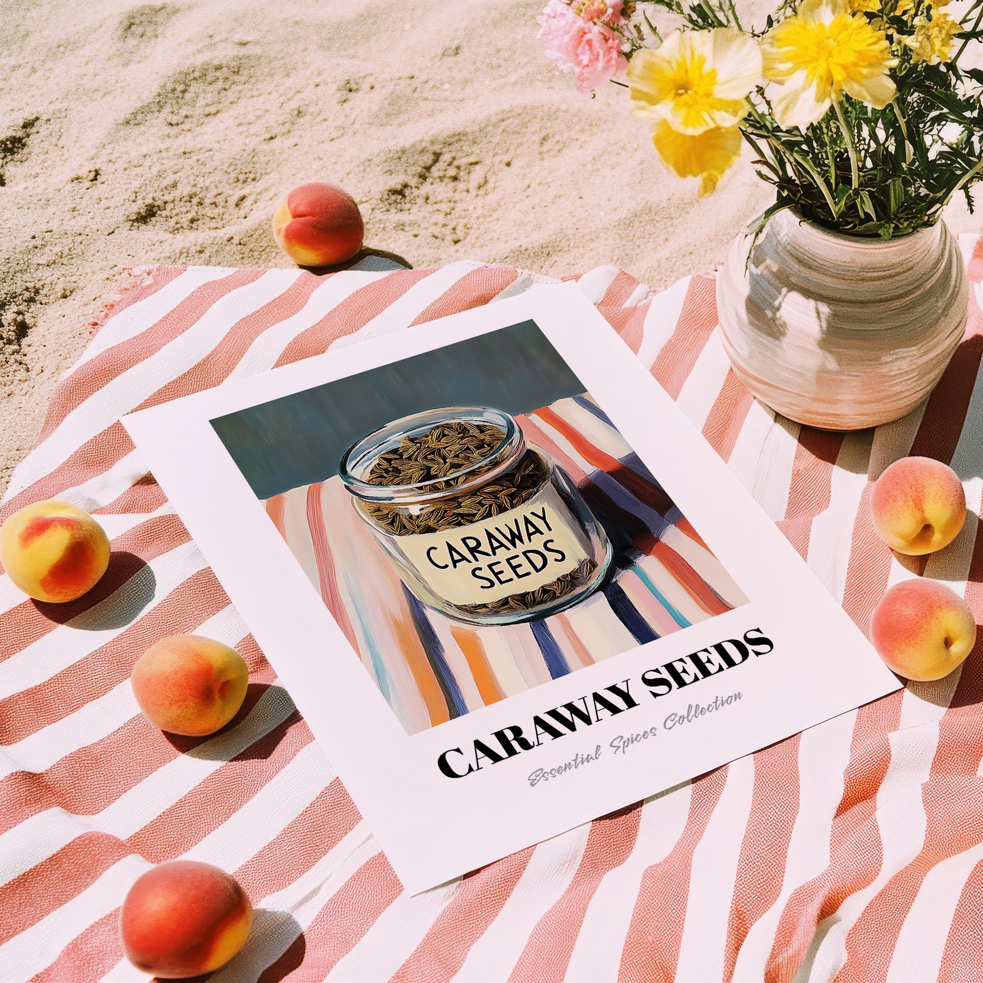 Caraway Seeds – on Striped Tablecloth, Spices Wall Poster, unframed on coastal sand