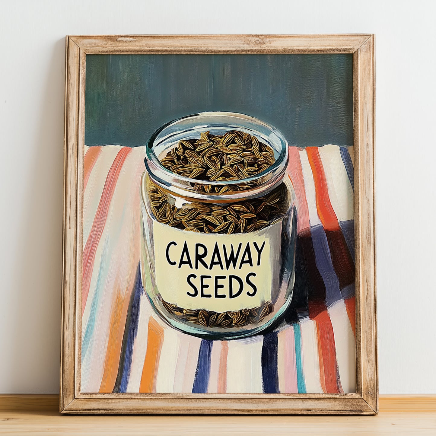 Caraway Seeds – on Striped Tablecloth, Spices Wall Poster, no-text version framed in wood