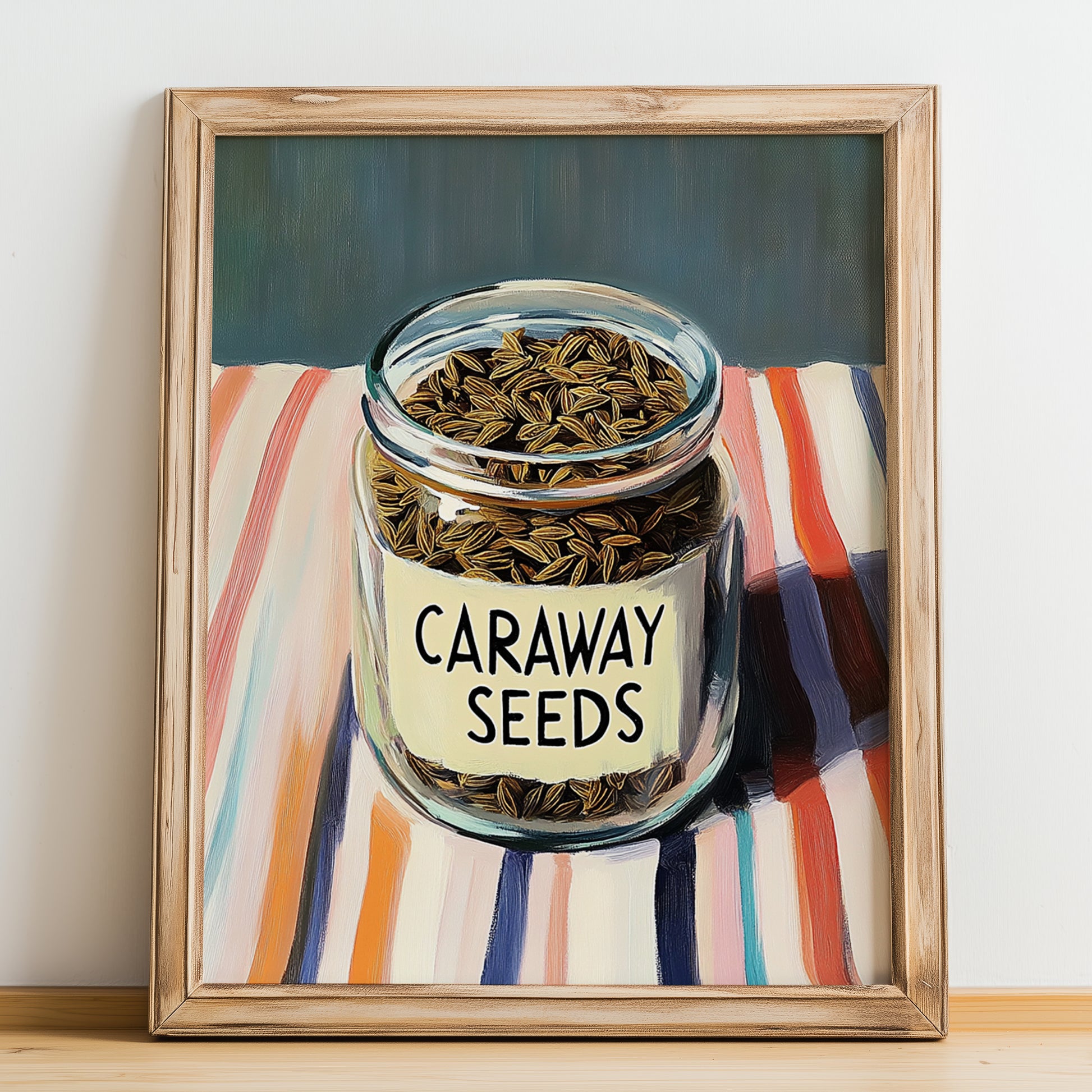 Caraway Seeds – on Striped Tablecloth, Spices Wall Poster, no-text version framed in wood