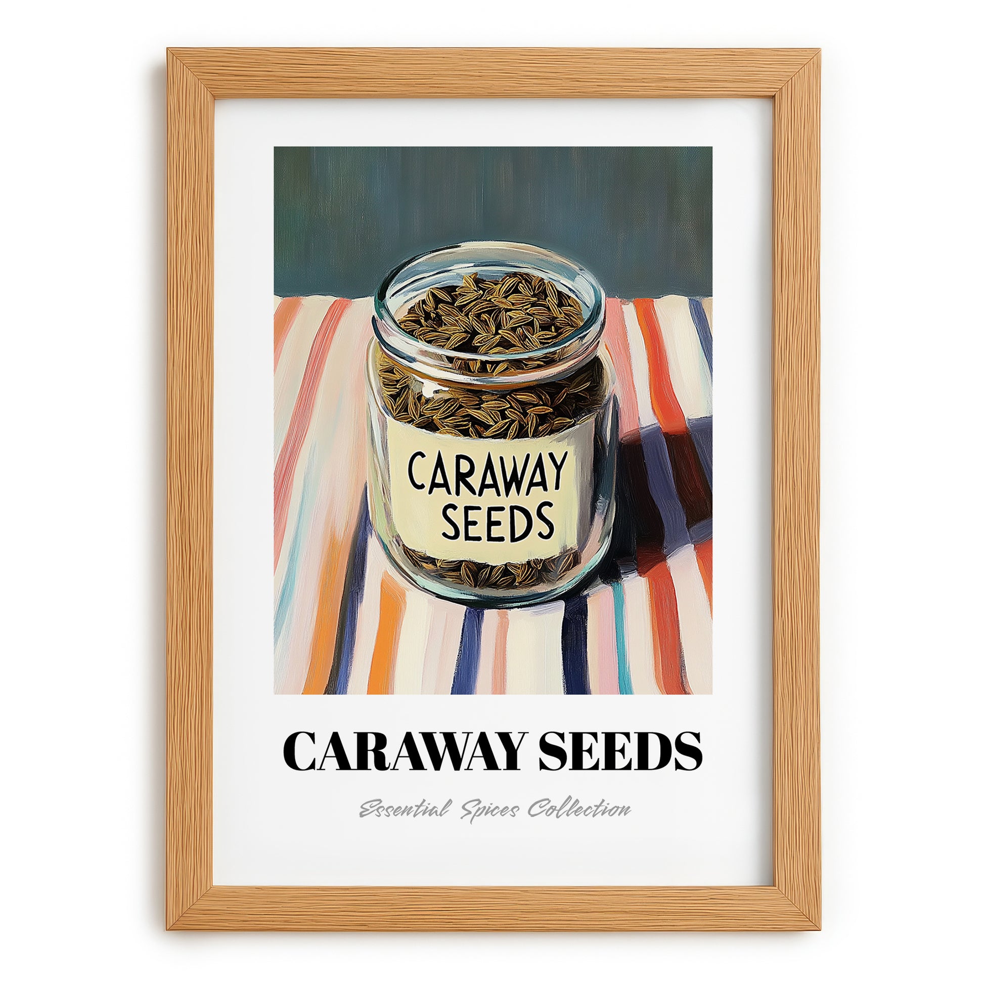 Caraway Seeds – on Striped Tablecloth, Spices Wall Poster, set in oak frame