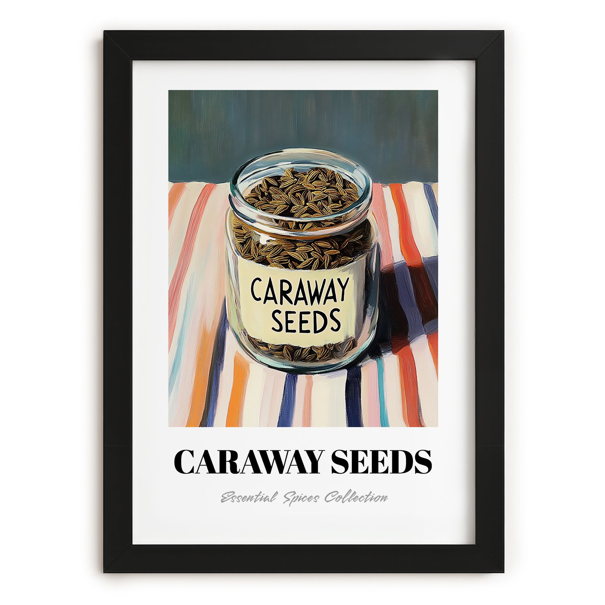 Caraway Seeds – on Striped Tablecloth, Spices Wall Poster, in sleek black frame
