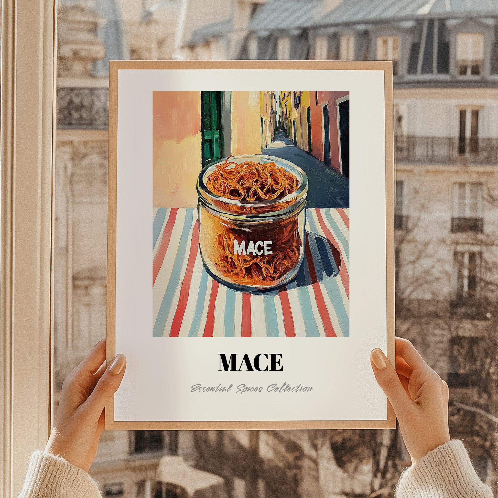 Mace – Italian Outdoor Café Scene, Spices Illustration, styled in a charming Paris street view