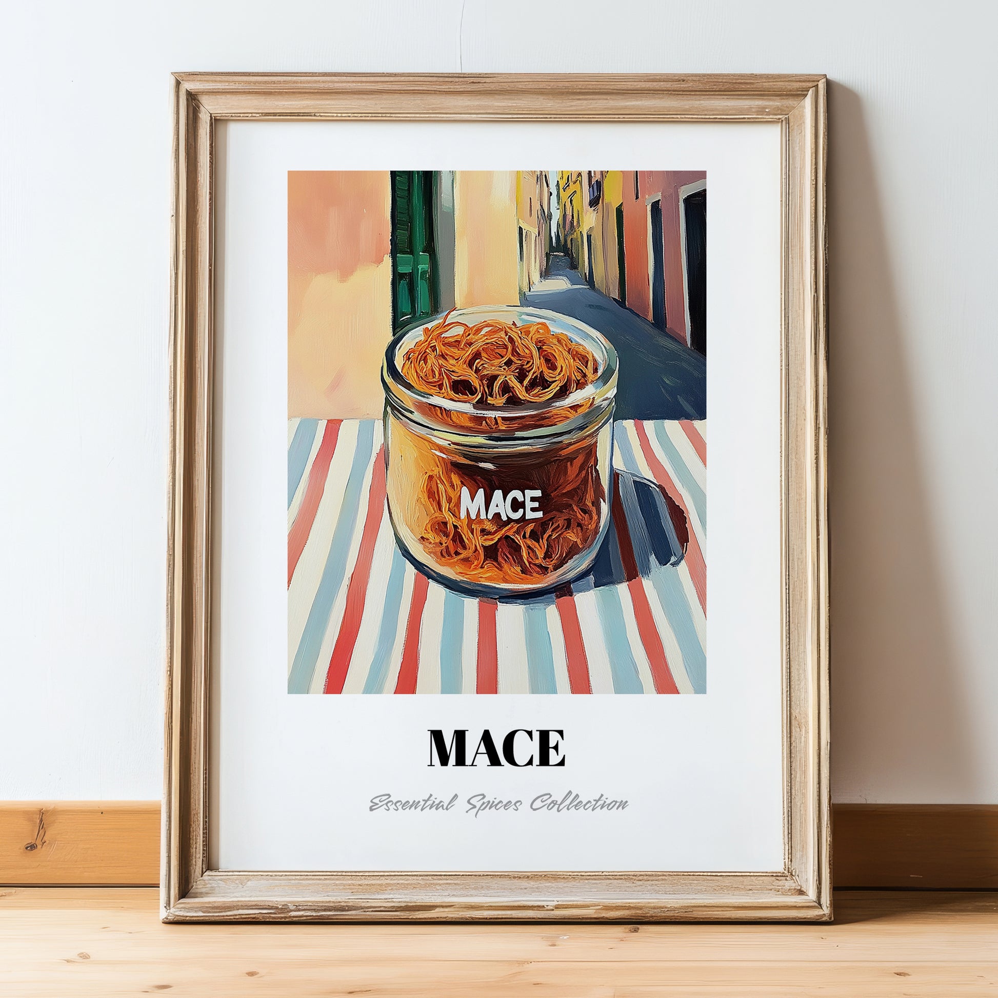 Mace – Italian Outdoor Café Scene, Spices Illustration, in wooden frame leaning on the floor