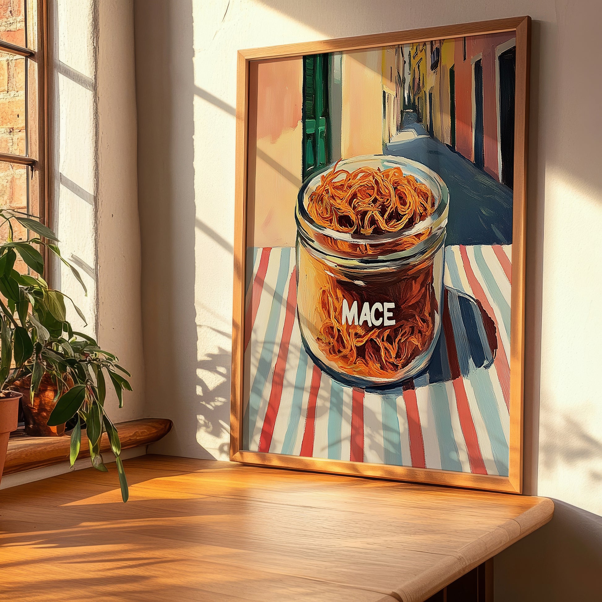 Mace – Italian Outdoor Café Scene, Spices Illustration, clean layout with no caption