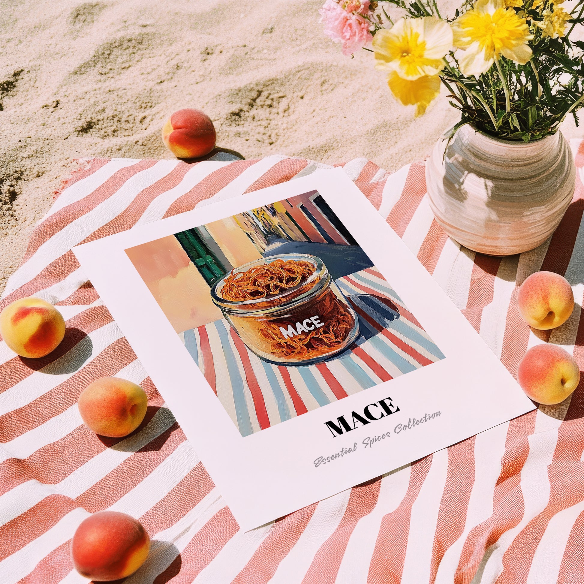 Mace – Italian Outdoor Café Scene, Spices Illustration, unframed on coastal sand