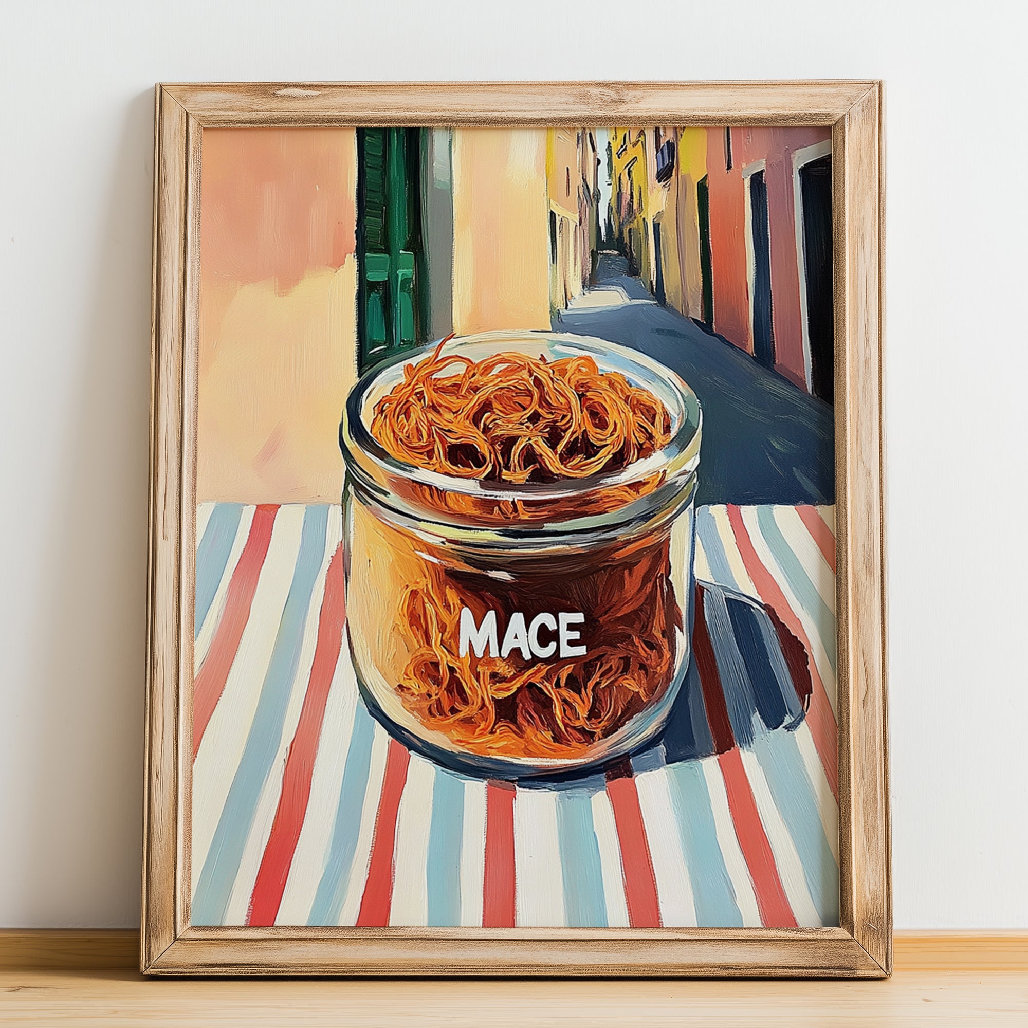 Mace – Italian Outdoor Café Scene, Spices Illustration, no-text version framed in wood