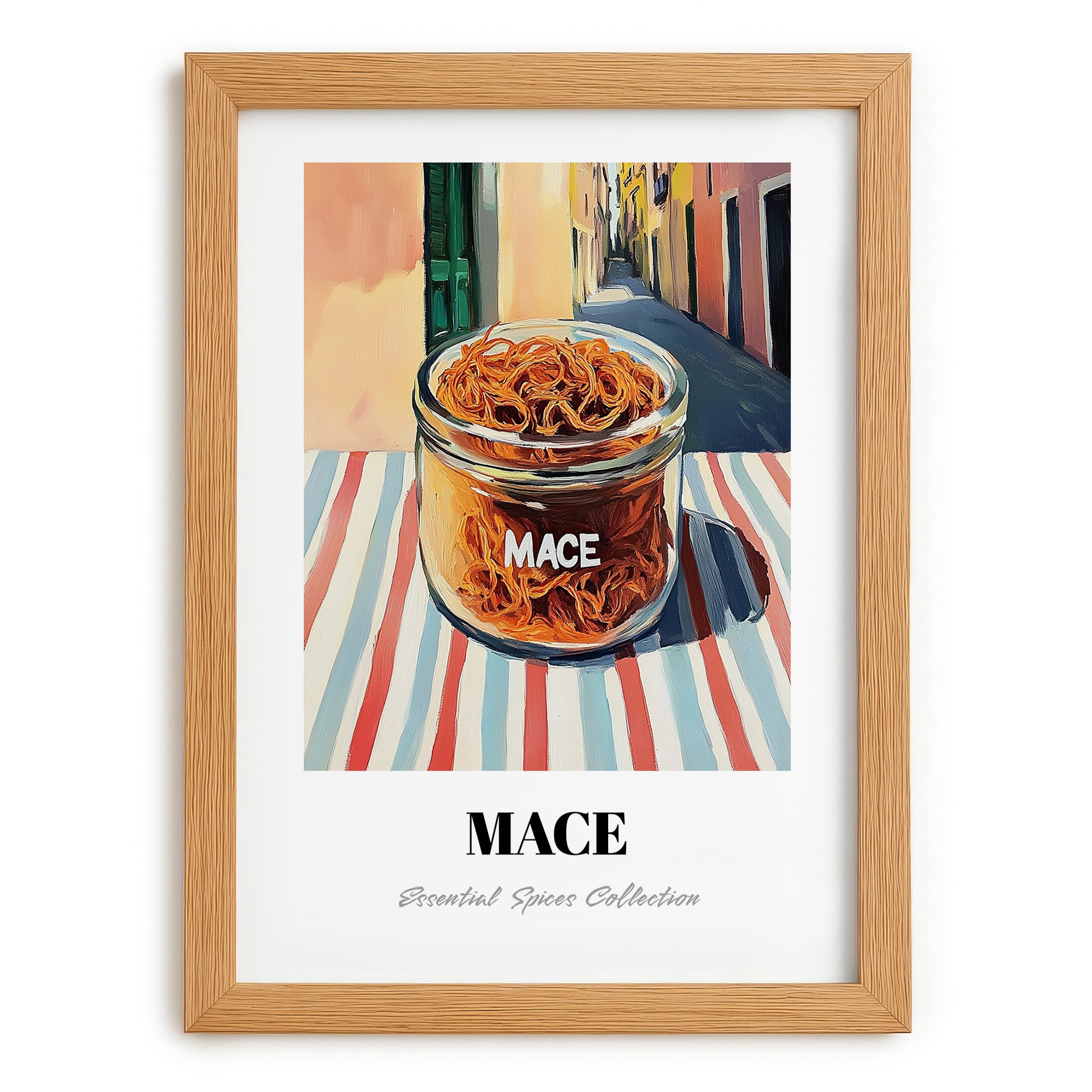 Mace – Italian Outdoor Café Scene, Spices Illustration, set in oak frame
