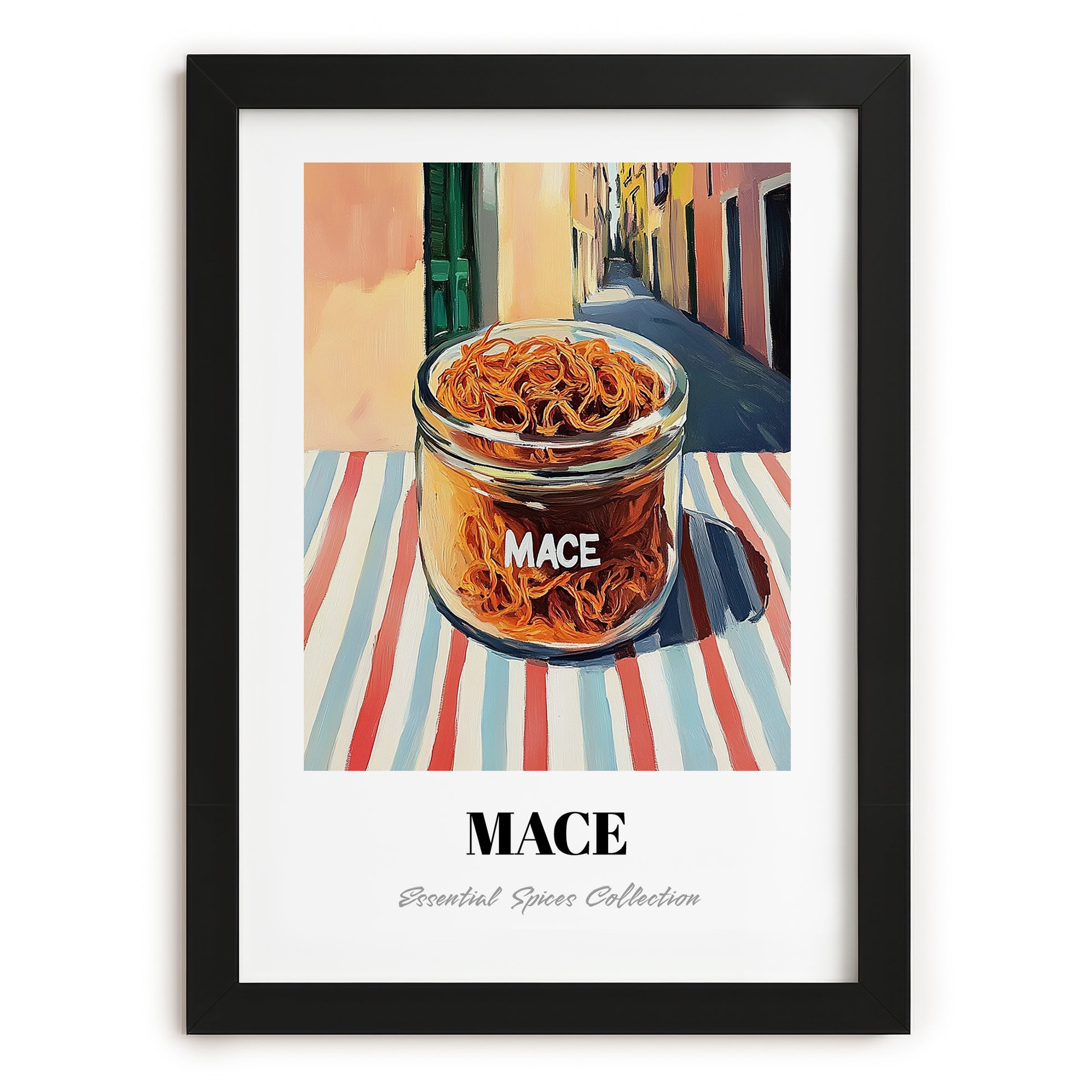 Mace – Italian Outdoor Café Scene, Spices Illustration, in sleek black frame