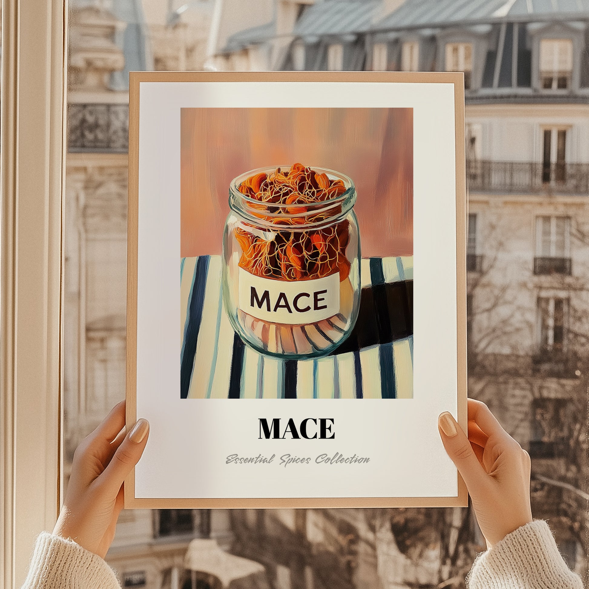 Mace – on Striped Tablecloth, Spices Print, styled in a charming Paris street view