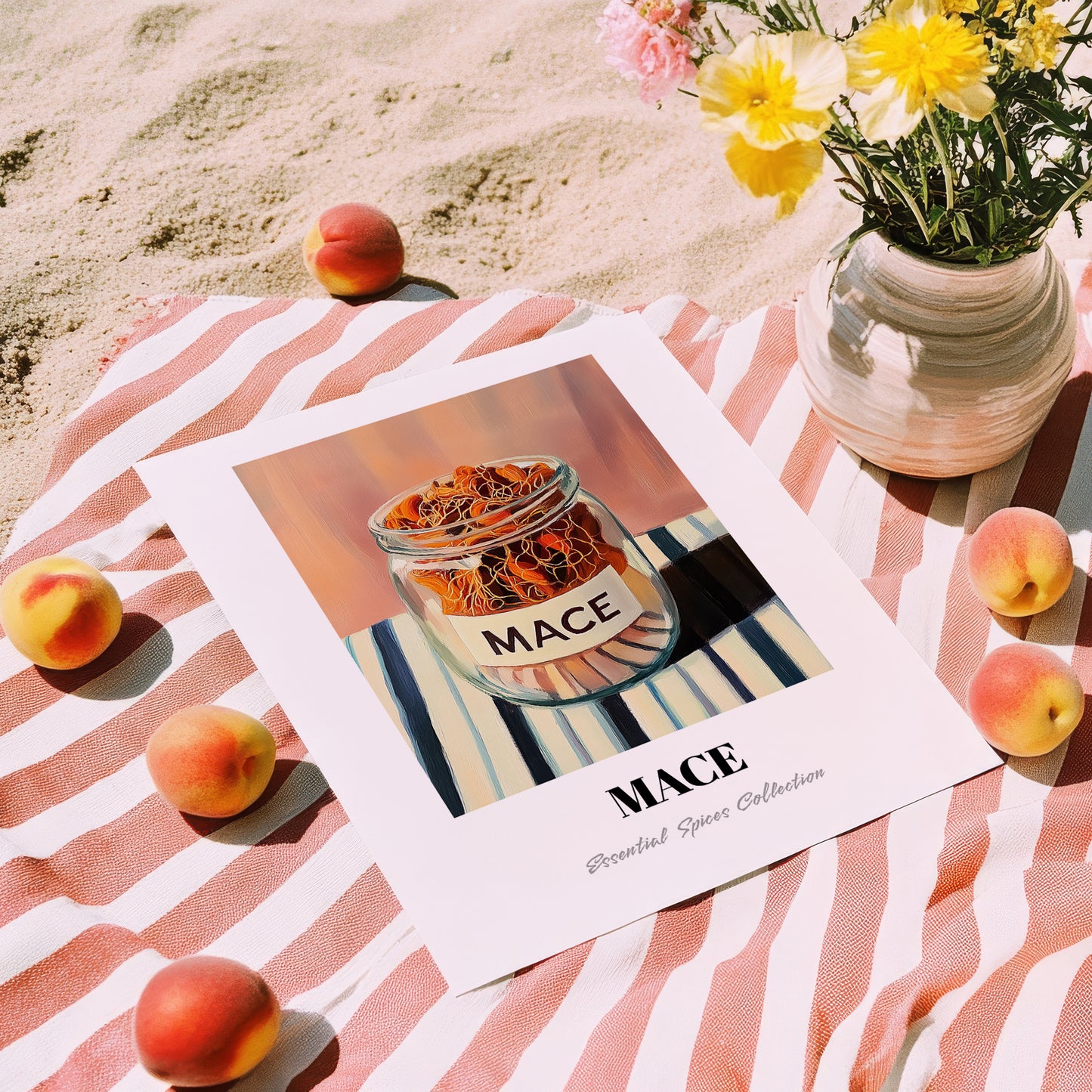 Mace – on Striped Tablecloth, Spices Print, unframed on coastal sand