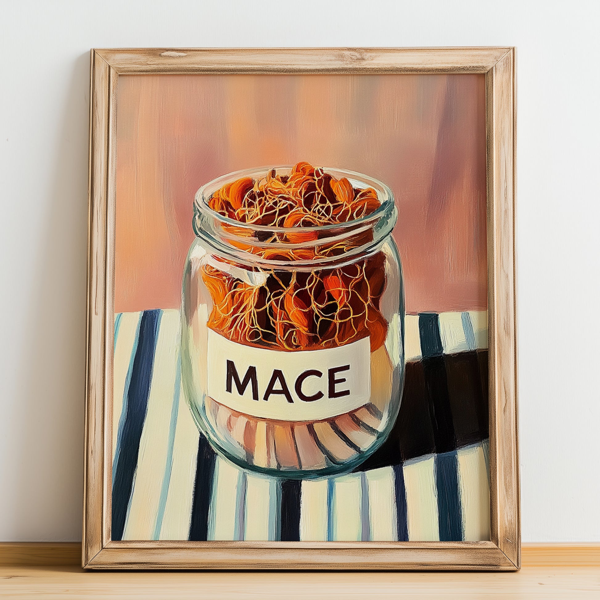Mace – on Striped Tablecloth, Spices Print, no-text version framed in wood