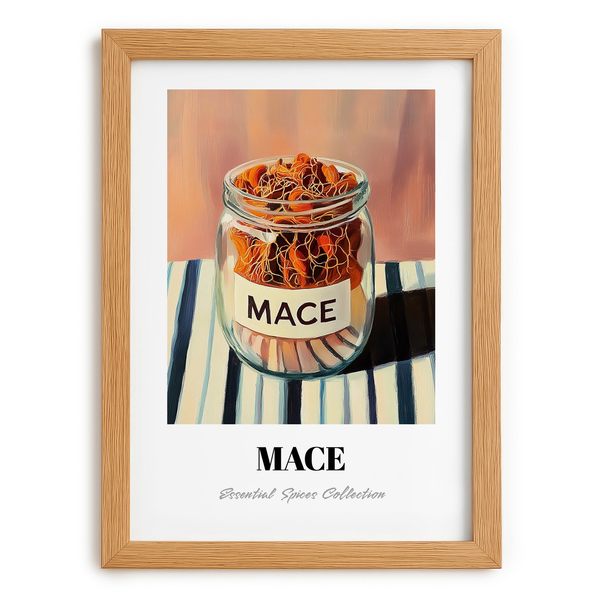 Mace – on Striped Tablecloth, Spices Print, set in oak frame