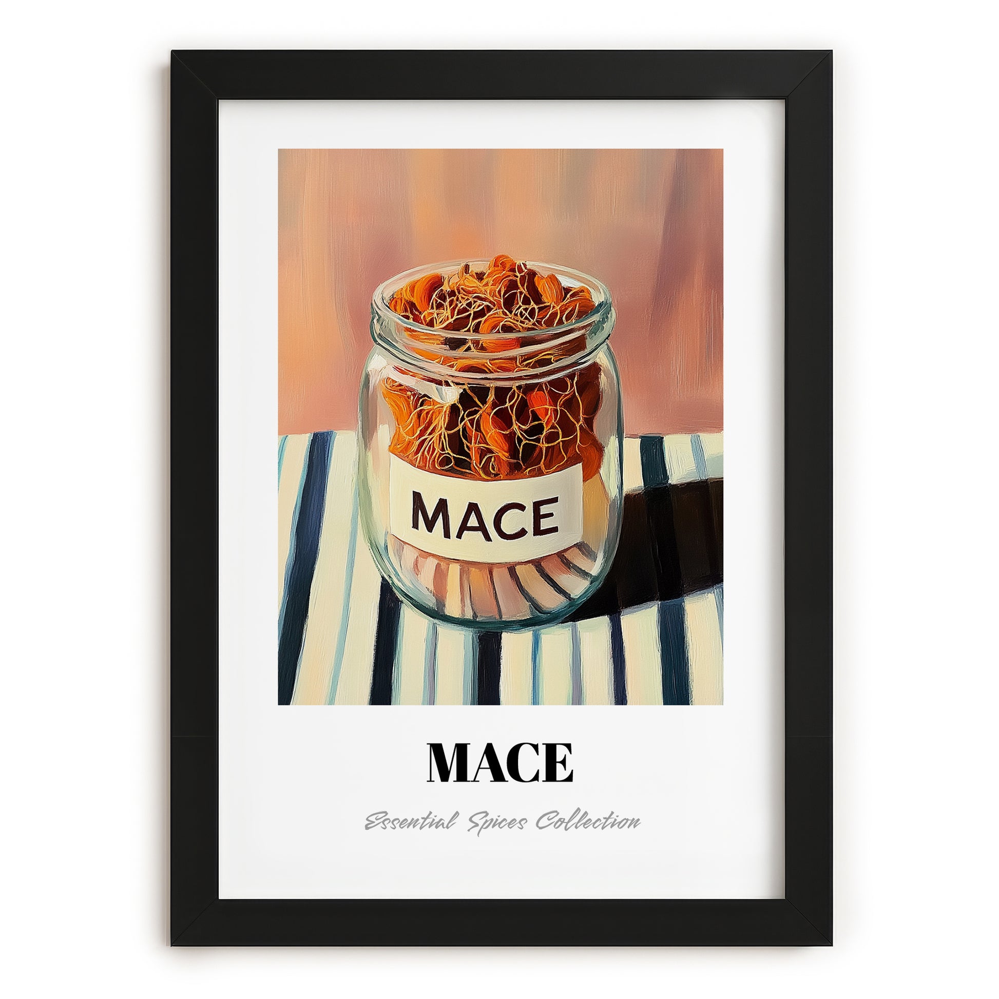 Mace – on Striped Tablecloth, Spices Print, in sleek black frame