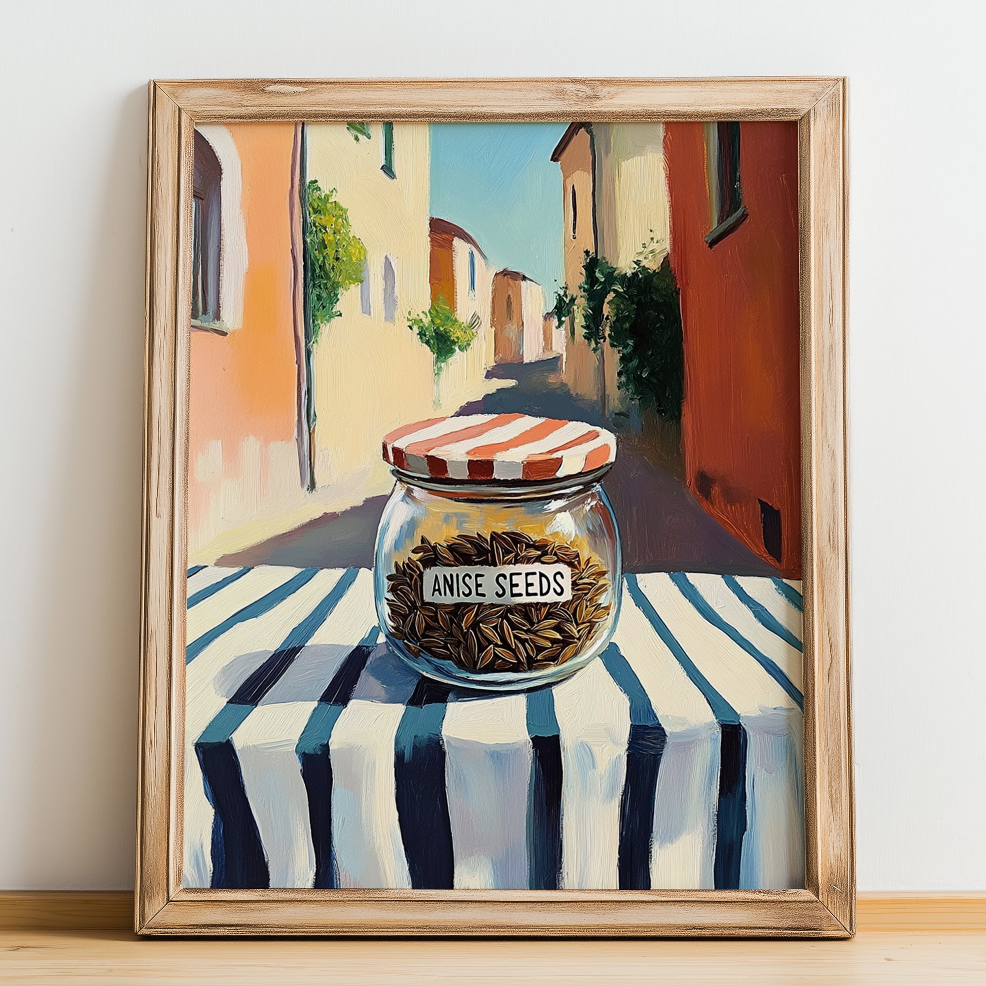Anise Seeds – Italian Street Café Scene, Spices Print, no-text version framed in wood