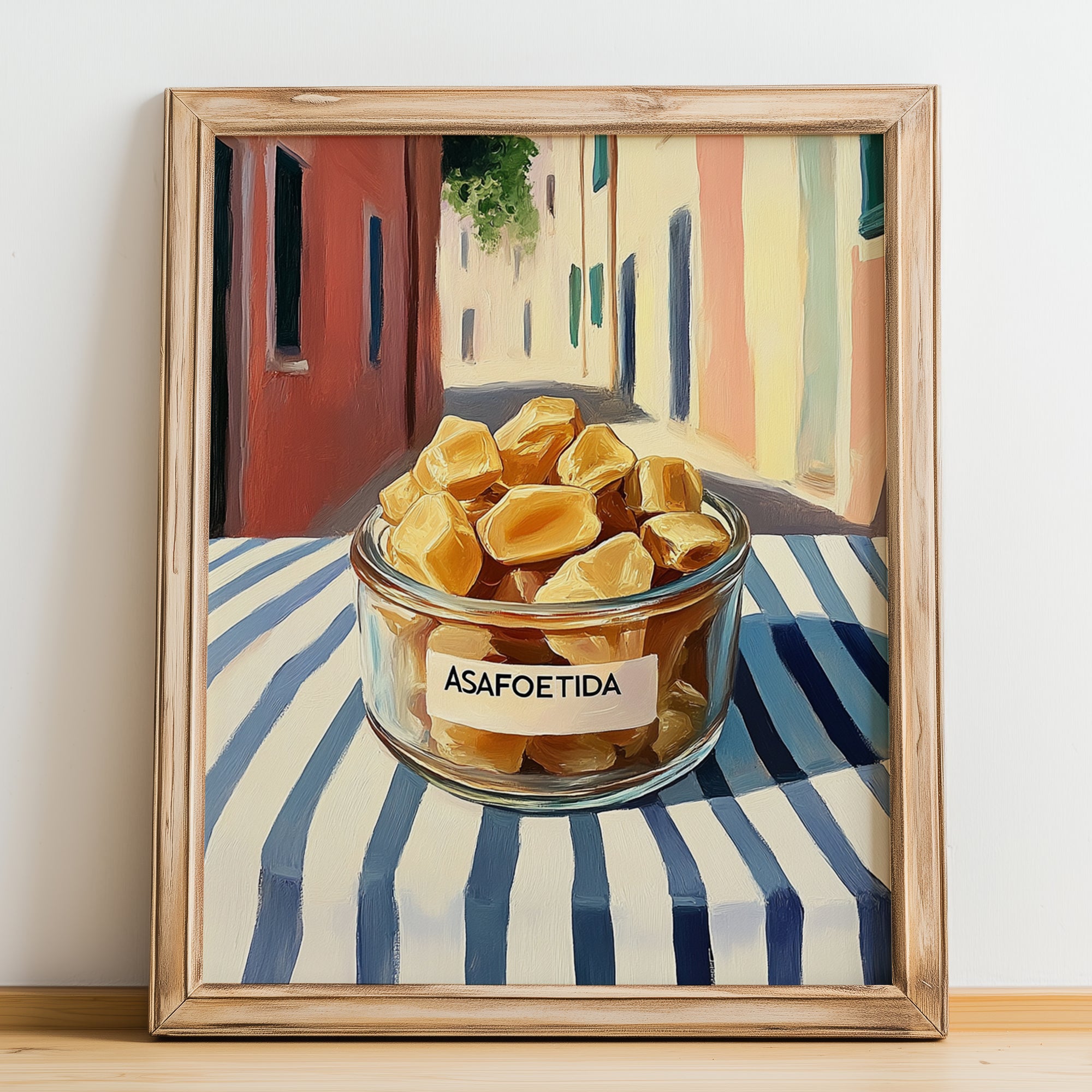 Asafoetida – Italian Café on the Corner, Spices Still Life, no-text version framed in wood
