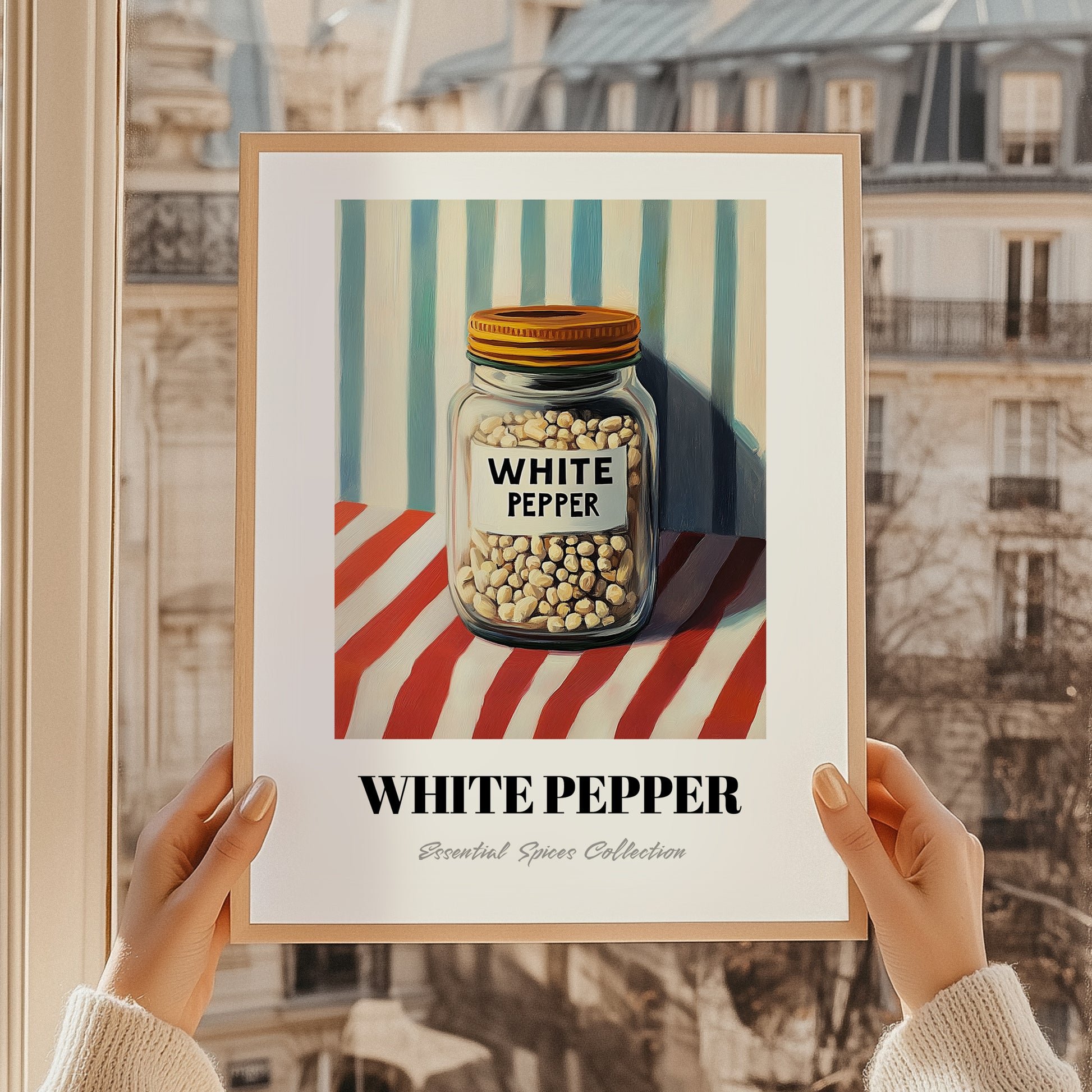 White Pepper – on Striped Tablecloth, Spices Art, styled in a charming Paris street view