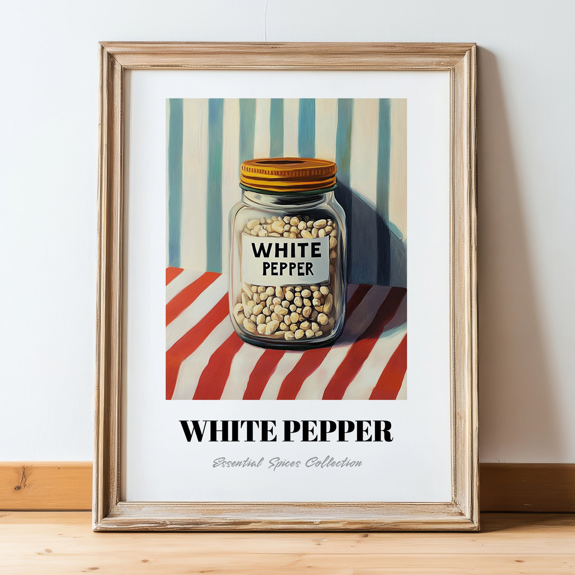 White Pepper – on Striped Tablecloth, Spices Art, in wooden frame leaning on the floor