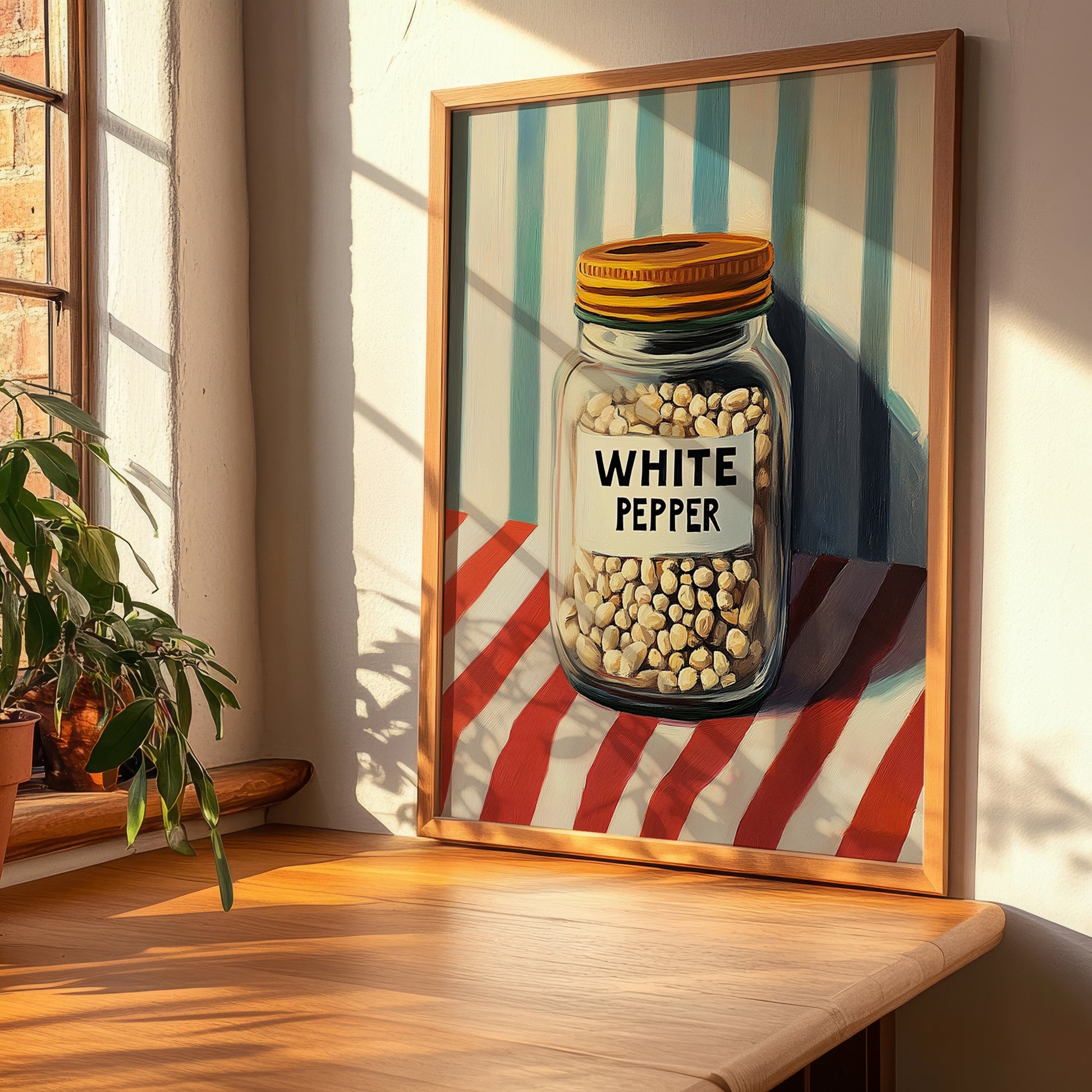 White Pepper – on Striped Tablecloth, Spices Art, clean layout with no caption