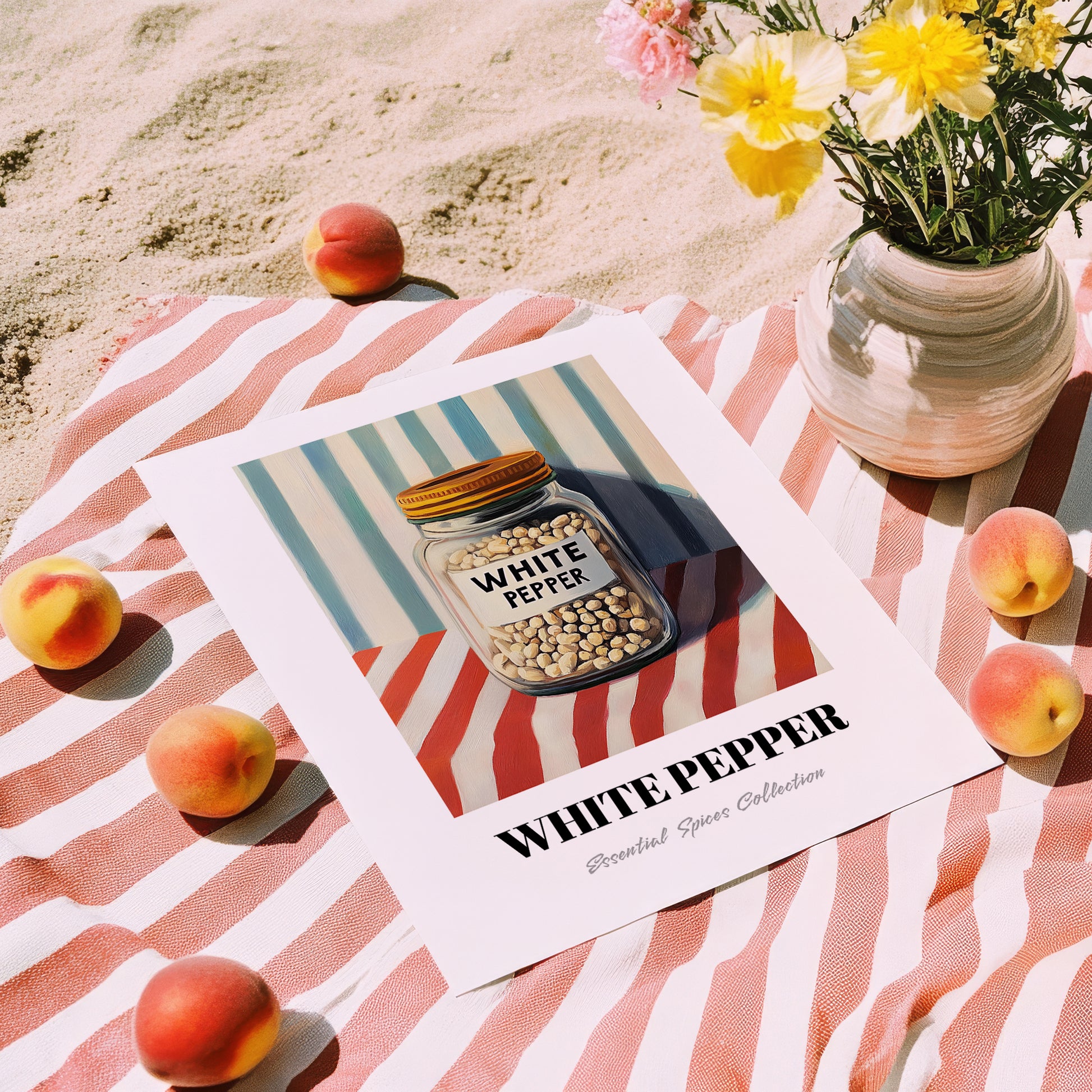 White Pepper – on Striped Tablecloth, Spices Art, unframed on coastal sand