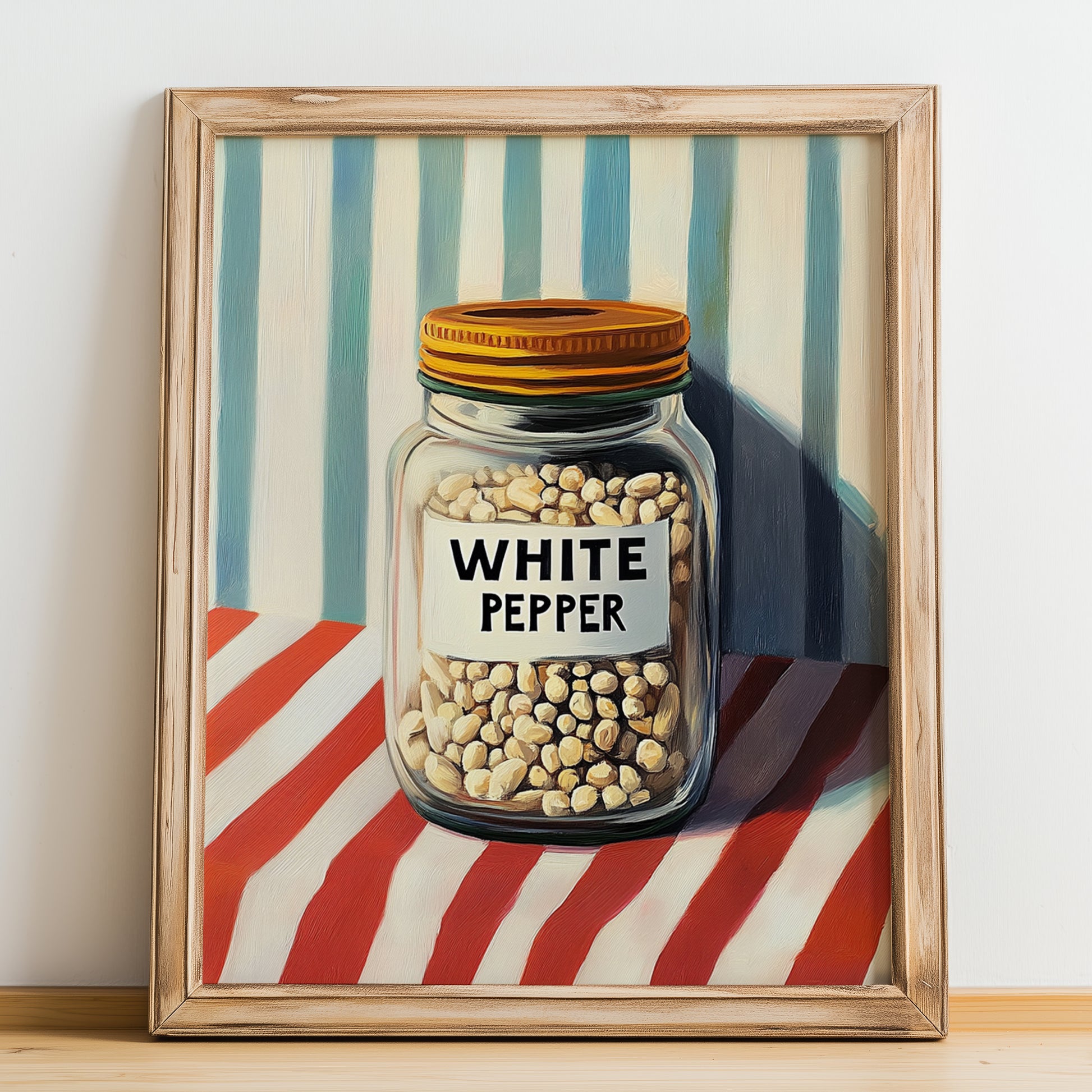 White Pepper – on Striped Tablecloth, Spices Art, no-text version framed in wood