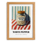 White Pepper – on Striped Tablecloth, Spices Art, set in oak frame