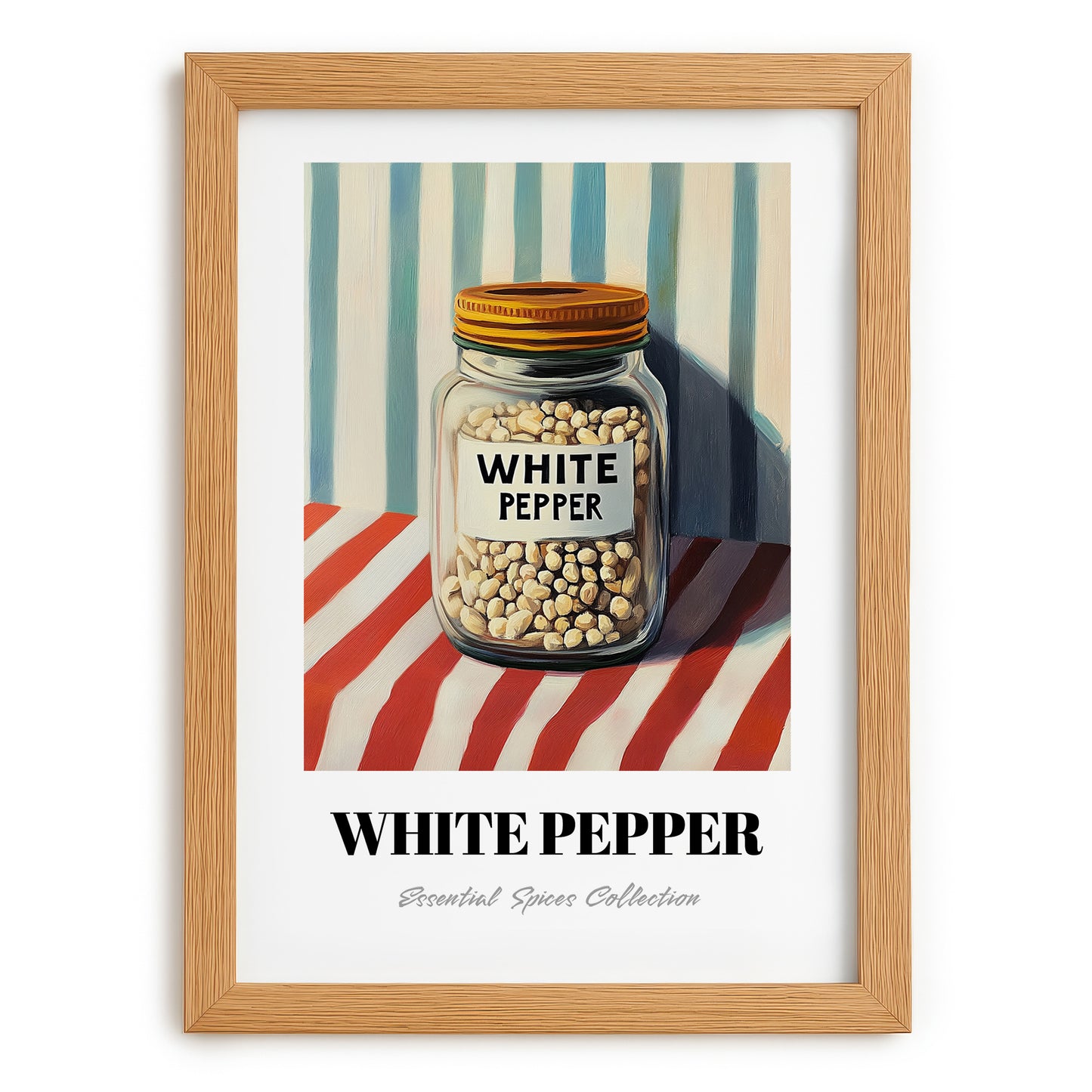White Pepper – on Striped Tablecloth, Spices Art, set in oak frame