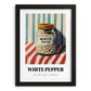 White Pepper – on Striped Tablecloth, Spices Art, in sleek black frame